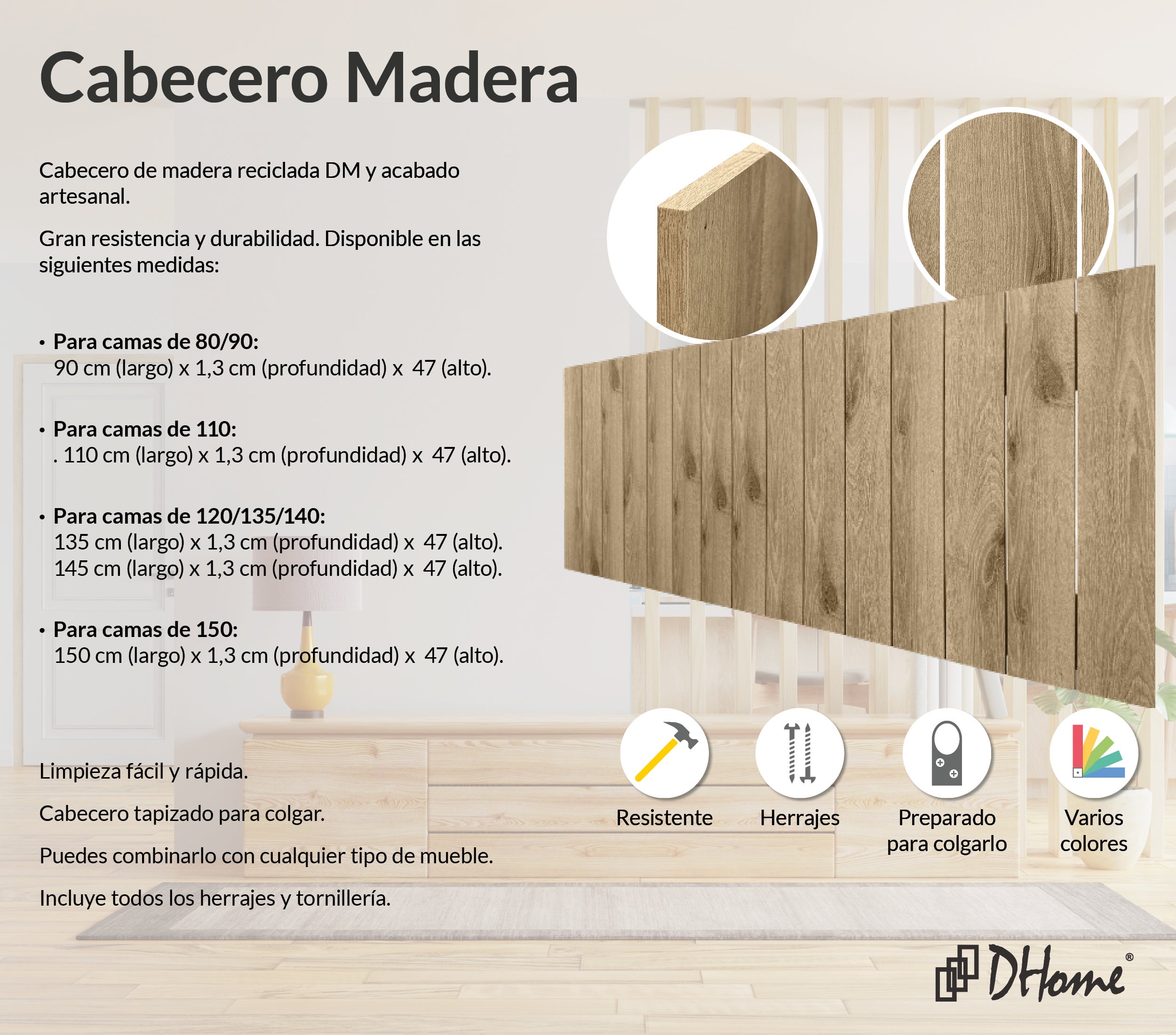 DHOME Cabecero de Madera reciclada DM Estilo Palet Vertical 150x46 Camas 150 - Cambrian Madera - 2