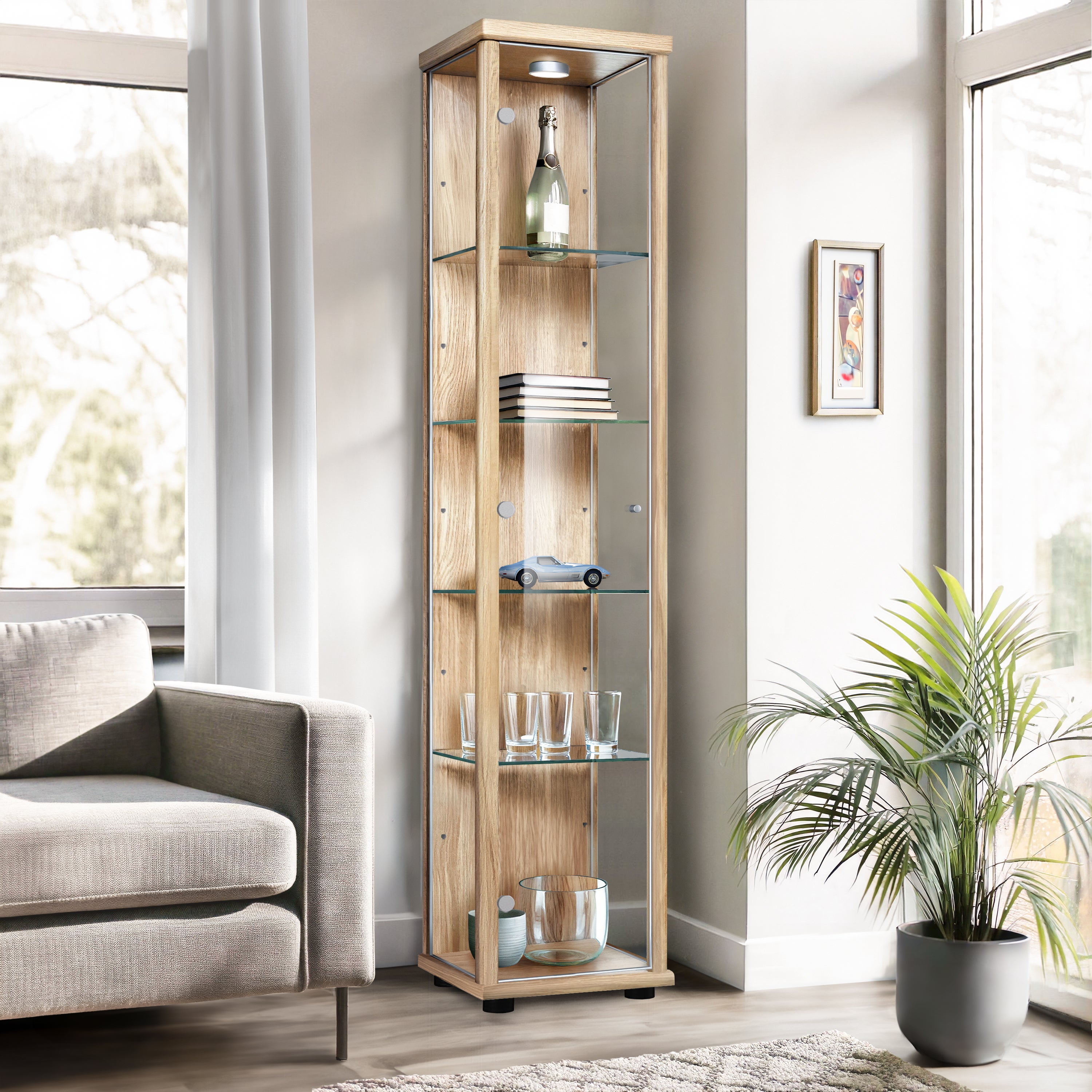 K-Möbel Witryna szklana w kolorze buku (176x37x33 cm) z 4 regulowanymi półkami szklanymi, LED