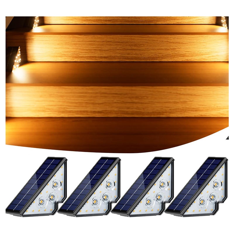 Zestaw 4 lamp solarnych do oświetlania stopni schodów, wodoodporne, 18 LED, odpowiednie na tarasy, ciepłe światło
