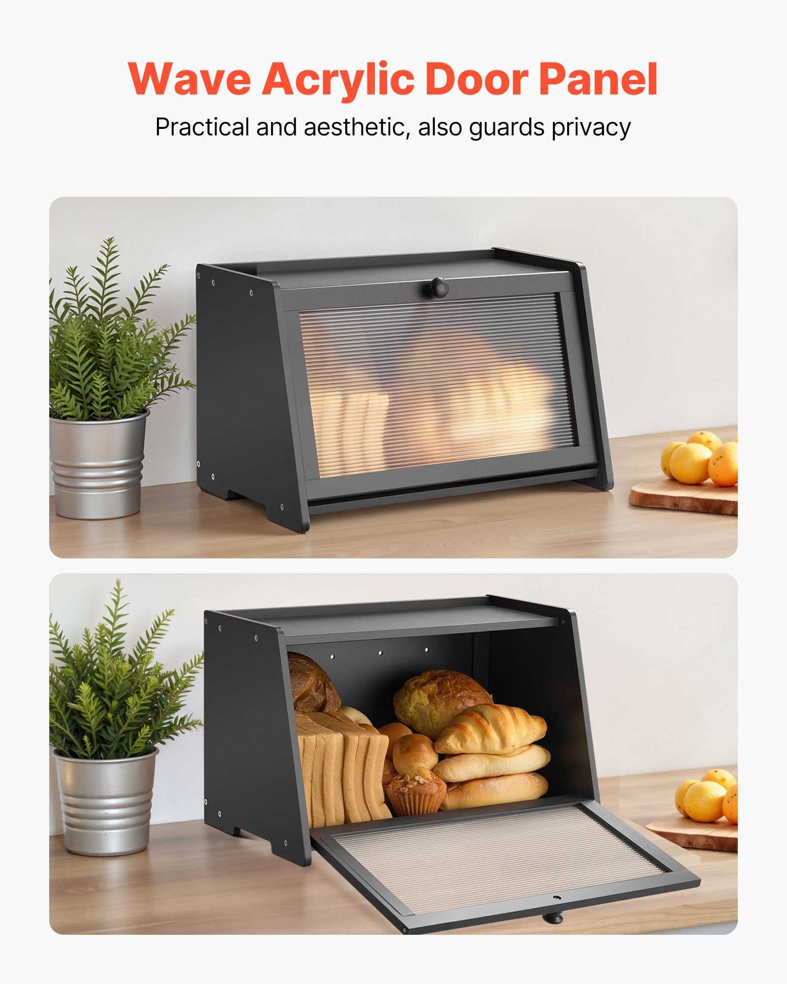 Caja para Pan VEVOR de 1 Nivel para Encimera de Cocina, Estilo Rústico, con Panel de Puerta Corrugado de Acrílico, Color Negro - 5