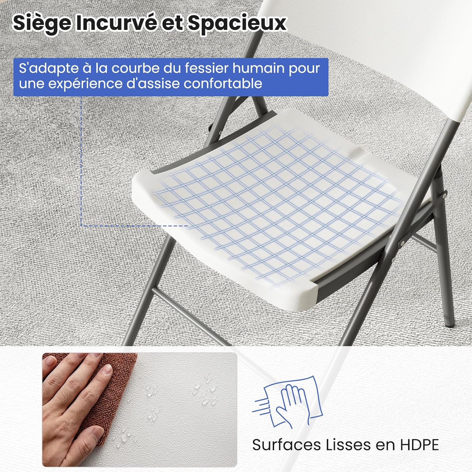 Lot de 4 Chaises Pliantes en Plastique HDPE, Cadre en Métal, Chaises d'Appoint Portables avec Pieds en Métal, Capacité 160 Kg - 5