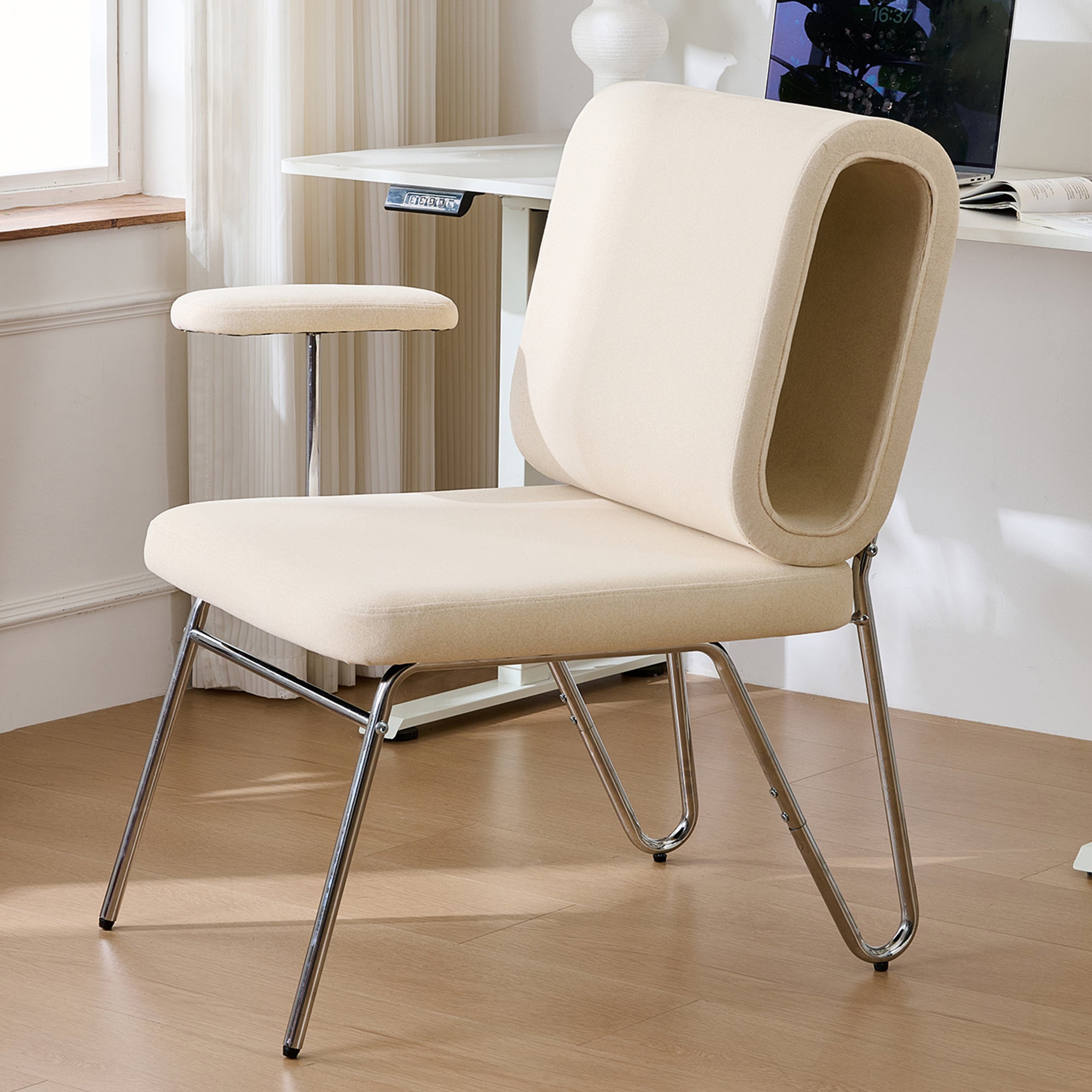 Chaise de bureau 57x58x89cm, siège large, Dossier ergonomique, niche pour chat intégrée, Tissu+Acier+Bois, Beige - 3
