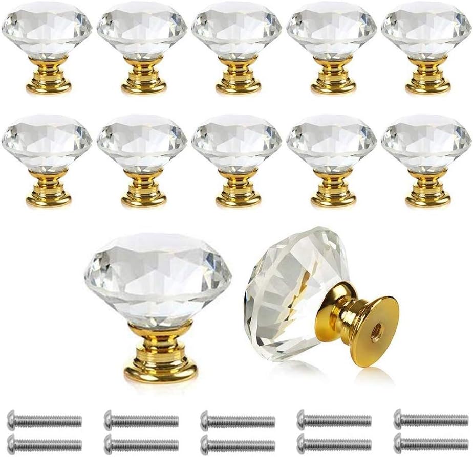 10 przezroczystych, kryształowych klamek do drzwi, szuflad i szafek z efektem diamentowym, ze śrubami (30 mm) (złoto 12) (12 sztuk, złoto)
