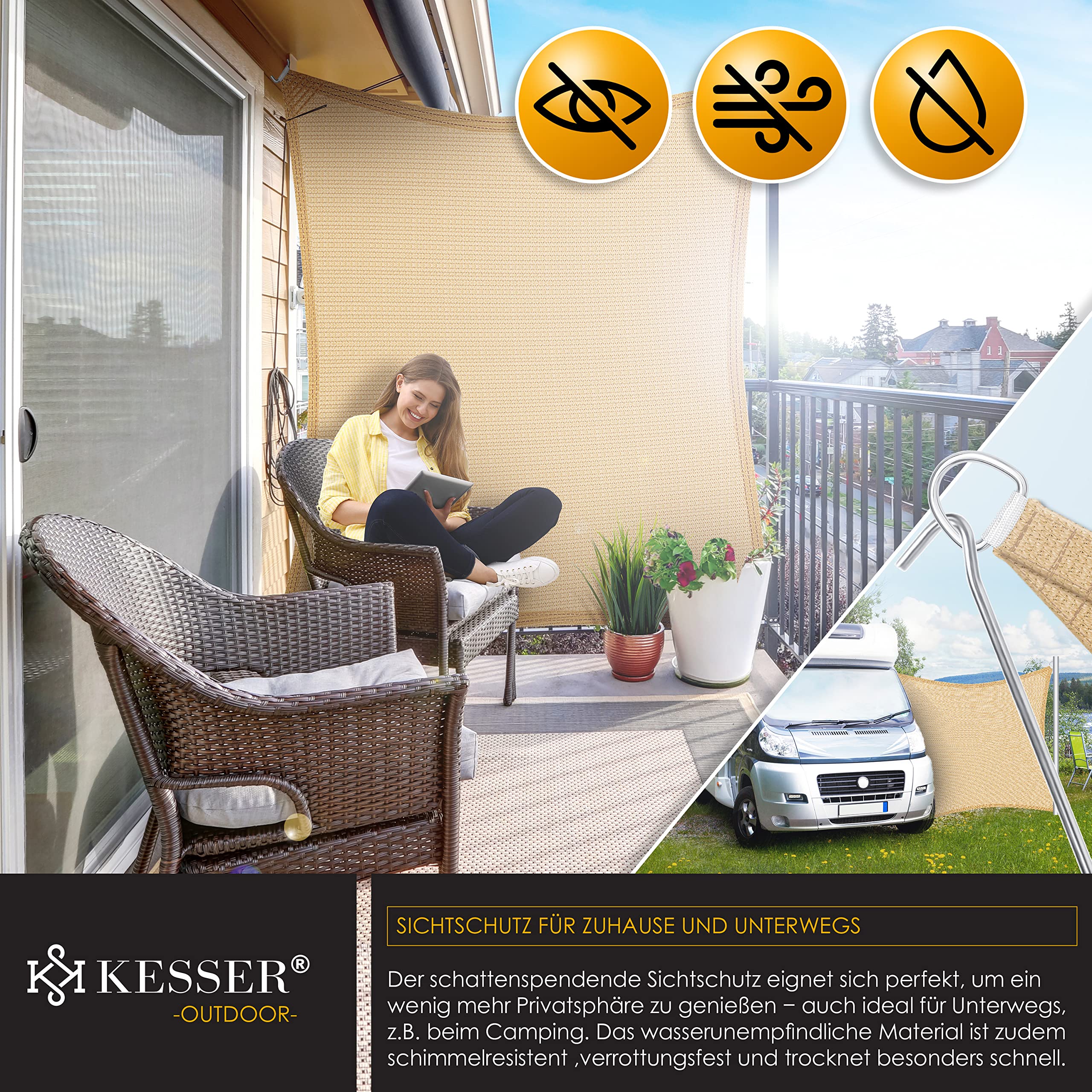 Voile d'ombrage avec accessoires, protection soleil/vent – Tissu HDPE – Auvent 3 x 4 m, auvent 5 plis cousus en croix pour balcon, terrasse, jardin - 6