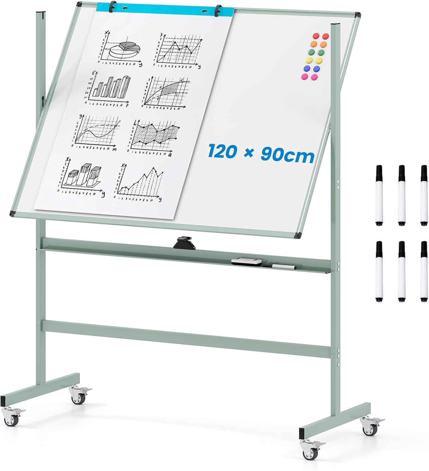 Tablica Suchościeralna o Regulowanej Wysokości 160–188 cm, Dwustronna, Magnetyczna Tablica biała Obracana o 360° z 4 Kółkami, 12 Magnesami (Zielona)