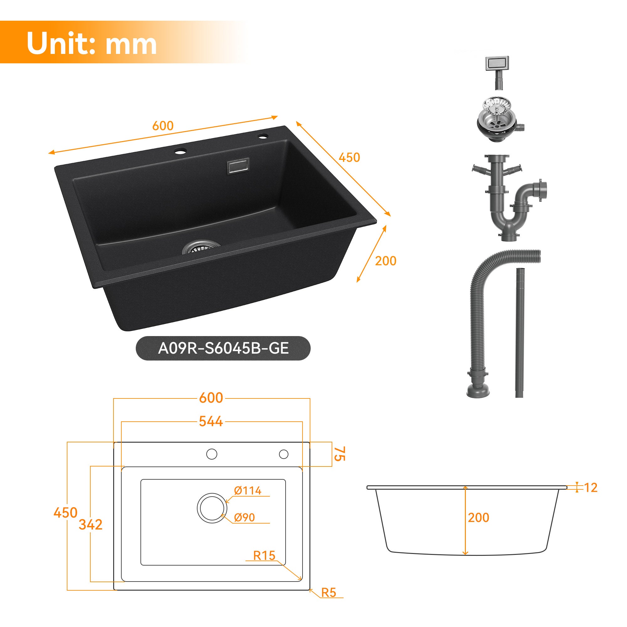 60x45 cm Évier de cuisine en quartz encastrable - évier encastré, grand évier de cuisine à 1 bac avec siphon, évier noir avec trou pour robinet HOROW - 3