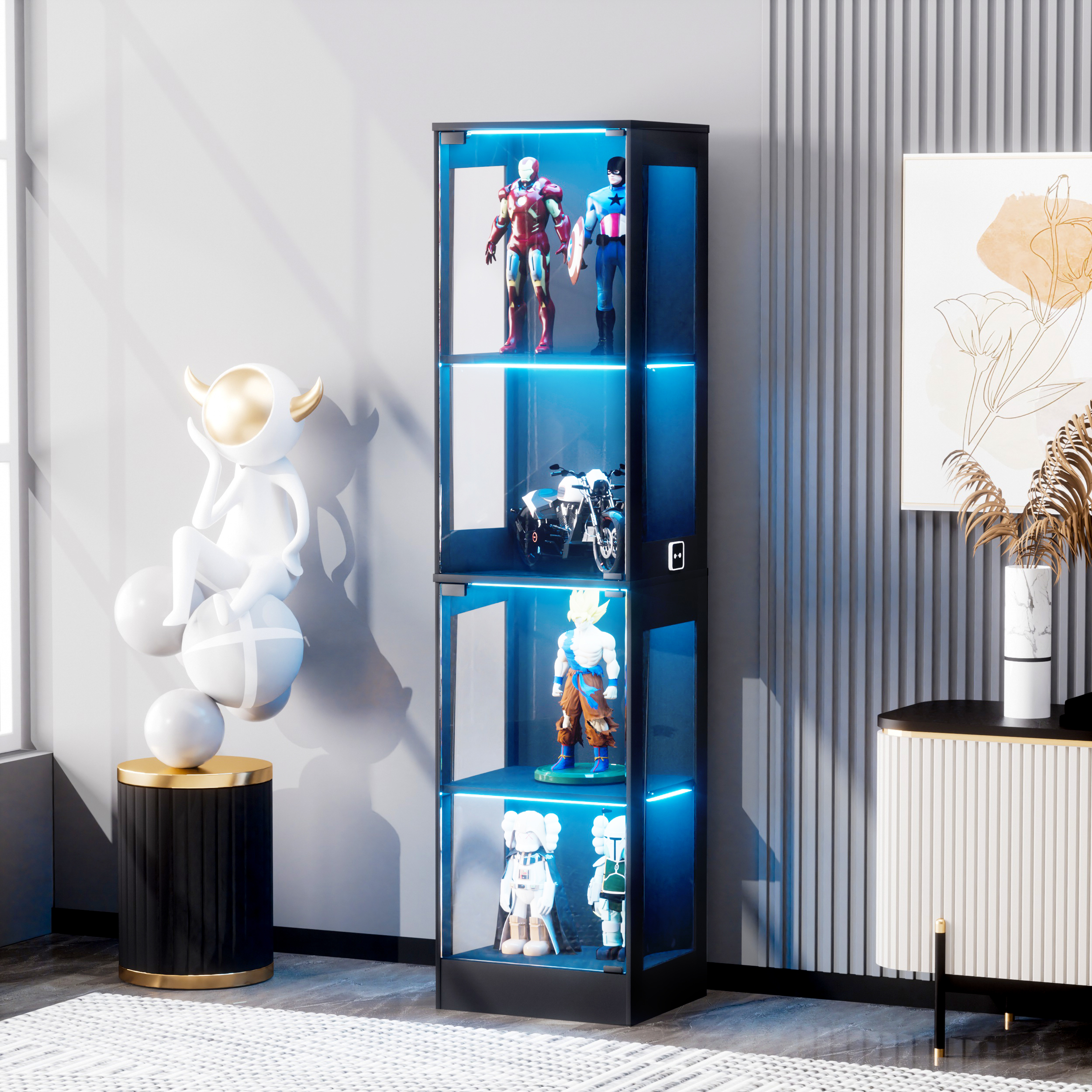 Vitrina negra de 4 niveles 40×35×165 cm, cristal, luz led y sensor inteligente, antipolvo, para salón, dormitorio y oficina.