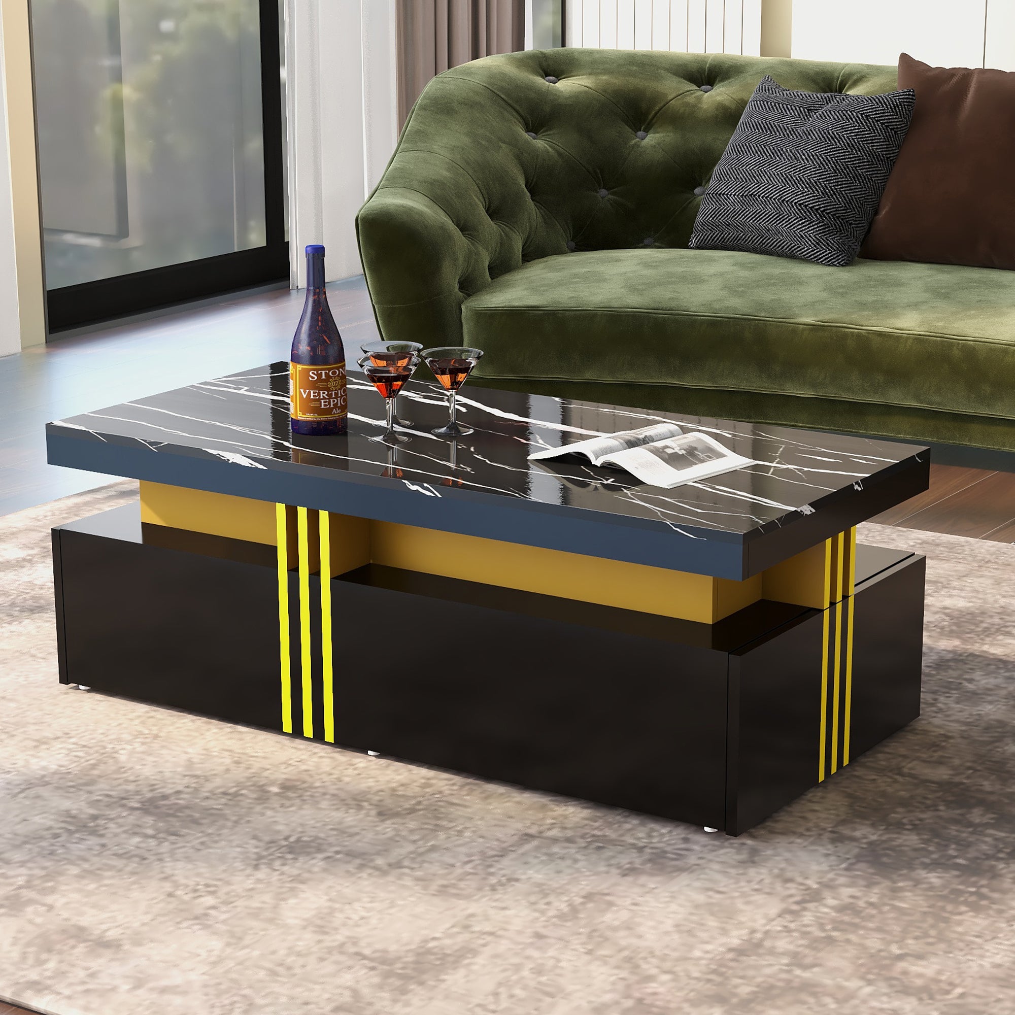 Table basse rectangulaire moderne avec plateau à motif PVC et 2 tiroirs en bois, table de salon, 100 x 50 x 40 cm - 2