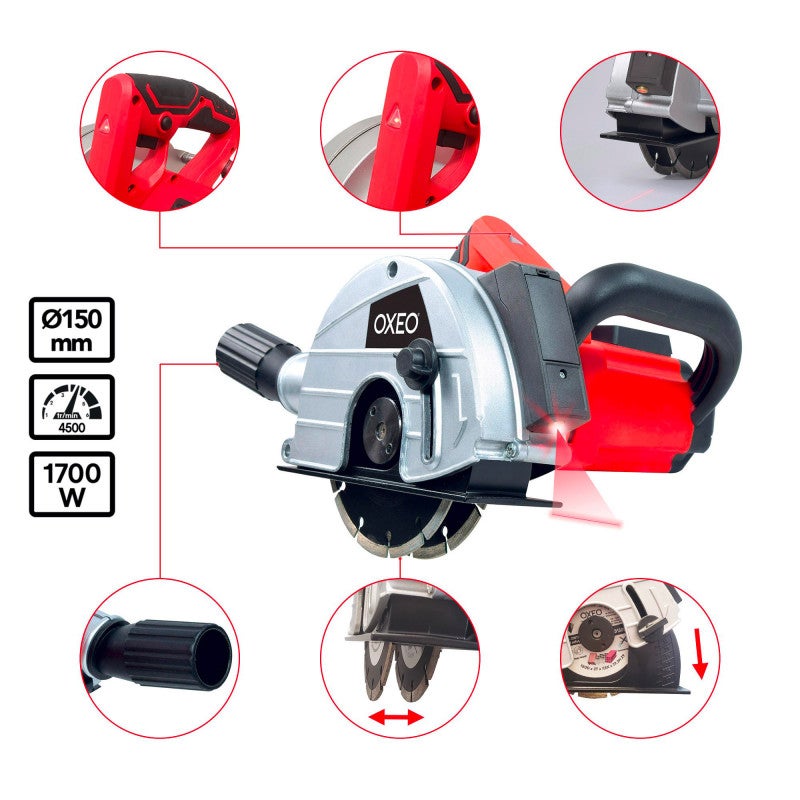 Rainureuse Laser 1700w - 2 disques diamantées Ø150mm - Largeur saignée : 14-19-29 mm - Profondeur : min 10mm a 40mm - 2