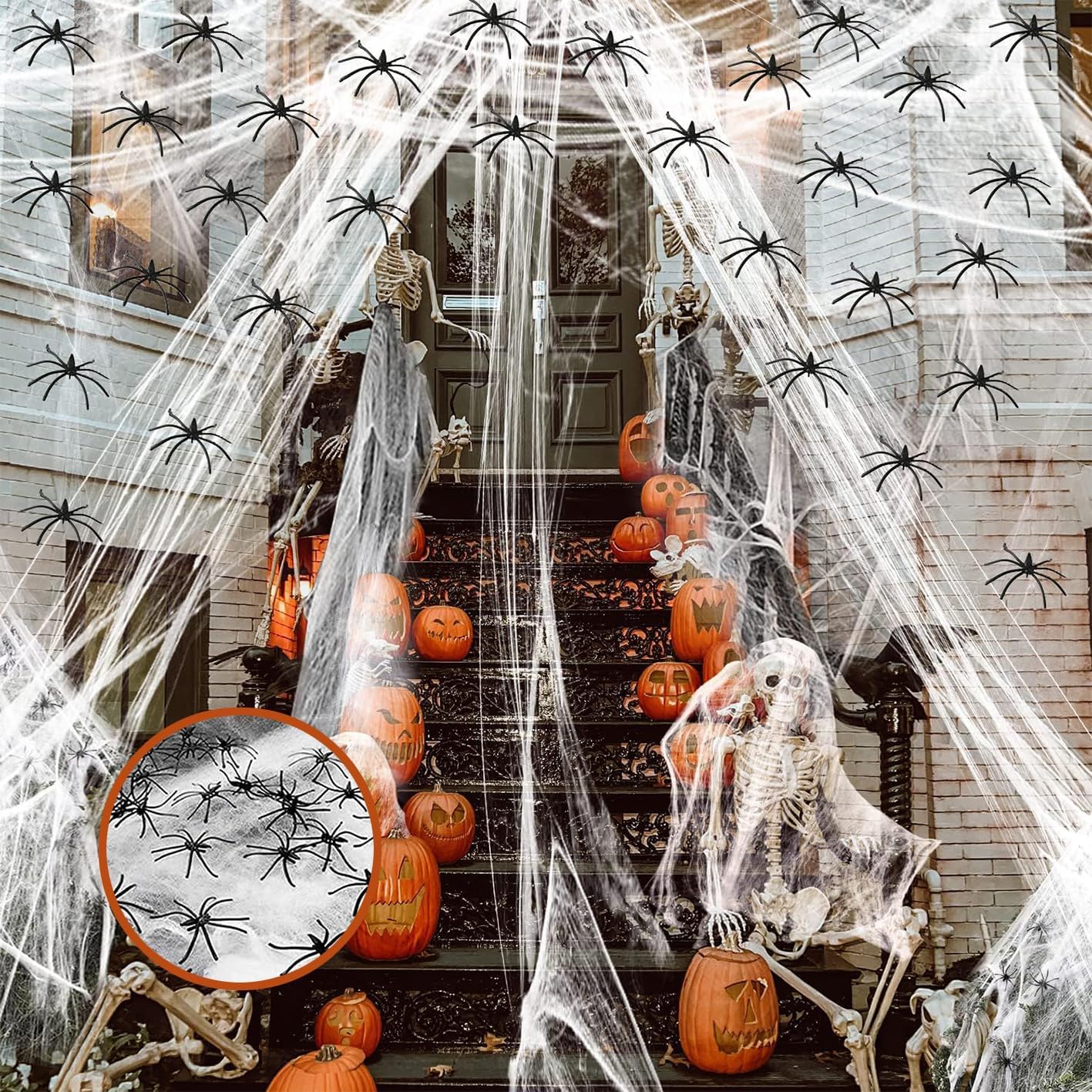 Pajęczyna 200 g z 50 sztucznymi pająkami, akcesoria do dekoracji pajęczynami na Halloween