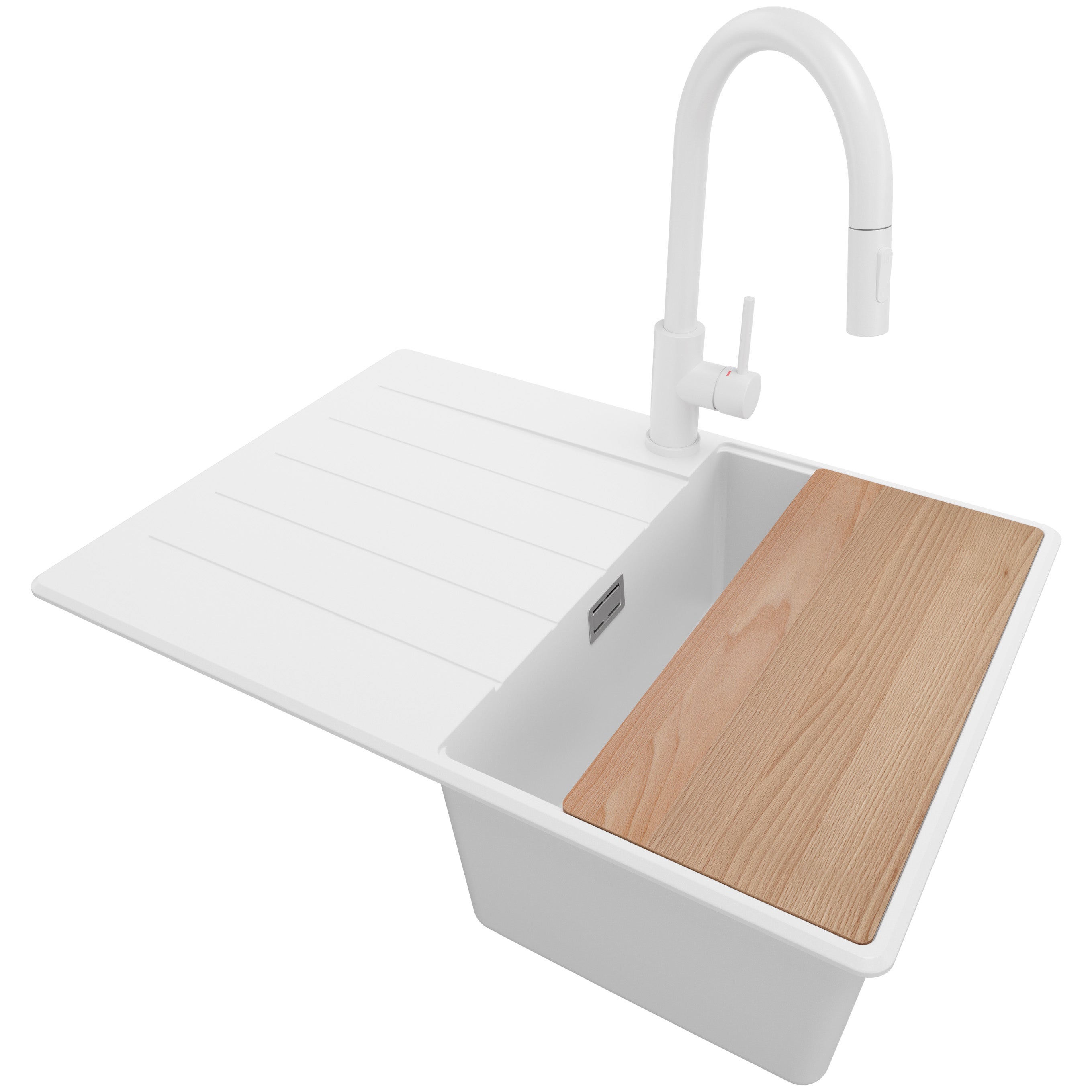 Zlewozmywak Granitowy Biały 70x50cm, Zlew Kuchenny 1 Komorowy + Bateria 40x20cm + Syfon + Deska, Nablatowy do szafki od 40cm - Kopenhaga PRIMAGRAN