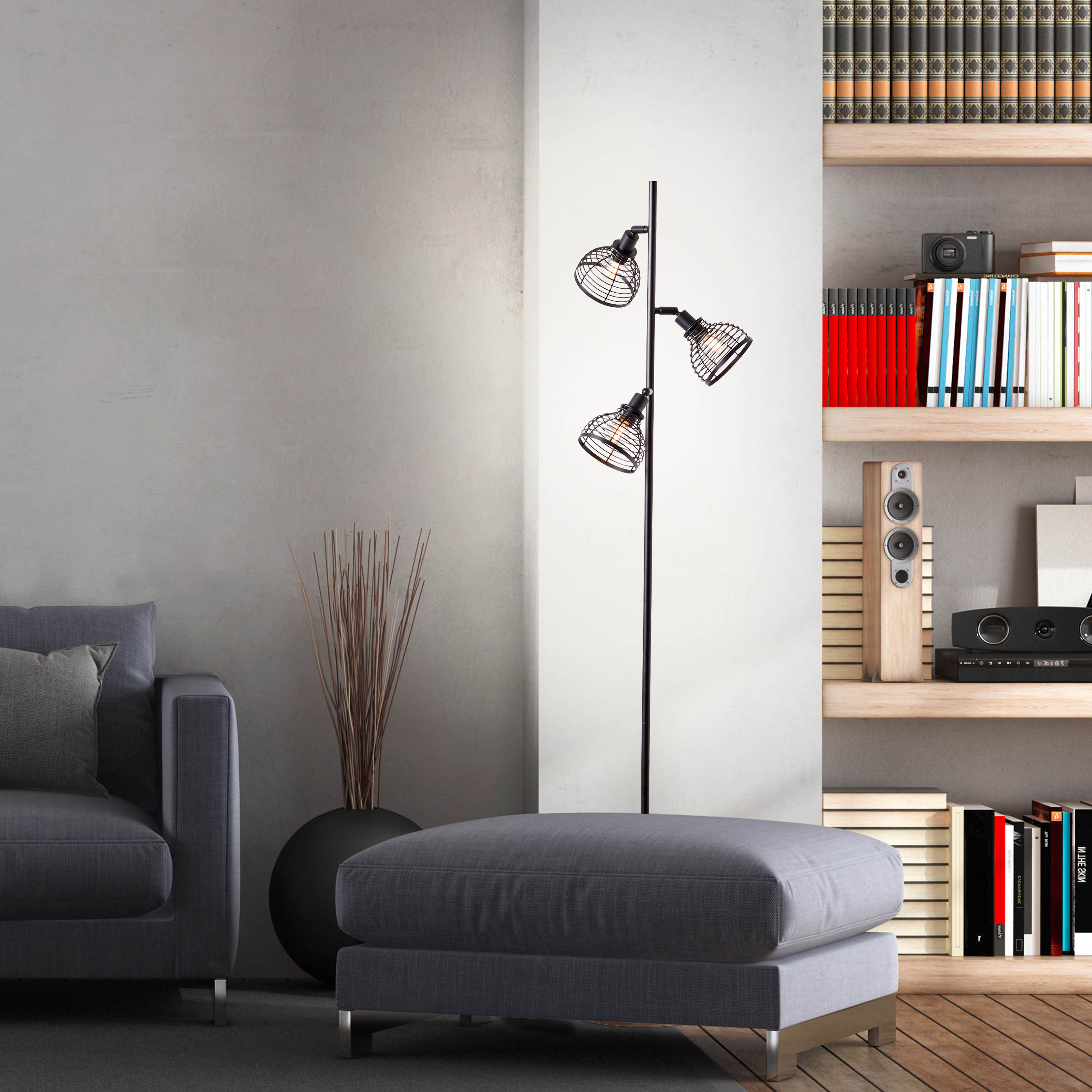 Brilliant Avia 3-płomienna lampa podłogowa czarny/drewno, metal/drewno, 3x D45, , 42 W - 3
