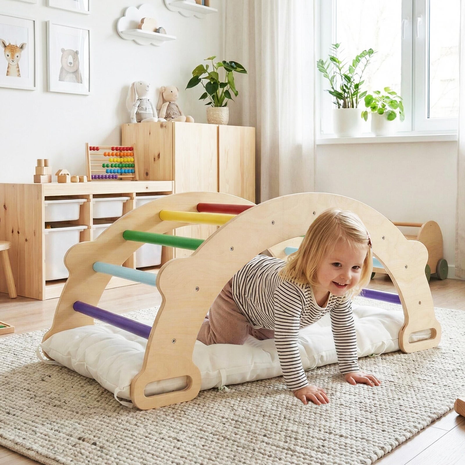 BlueWood Montessori - Set da gioco per interni 3 in 1 con arco, rampa e triangolo di arrampicata, set triangolare in legno per parco giochi per bambini, parco giochi per bambini
