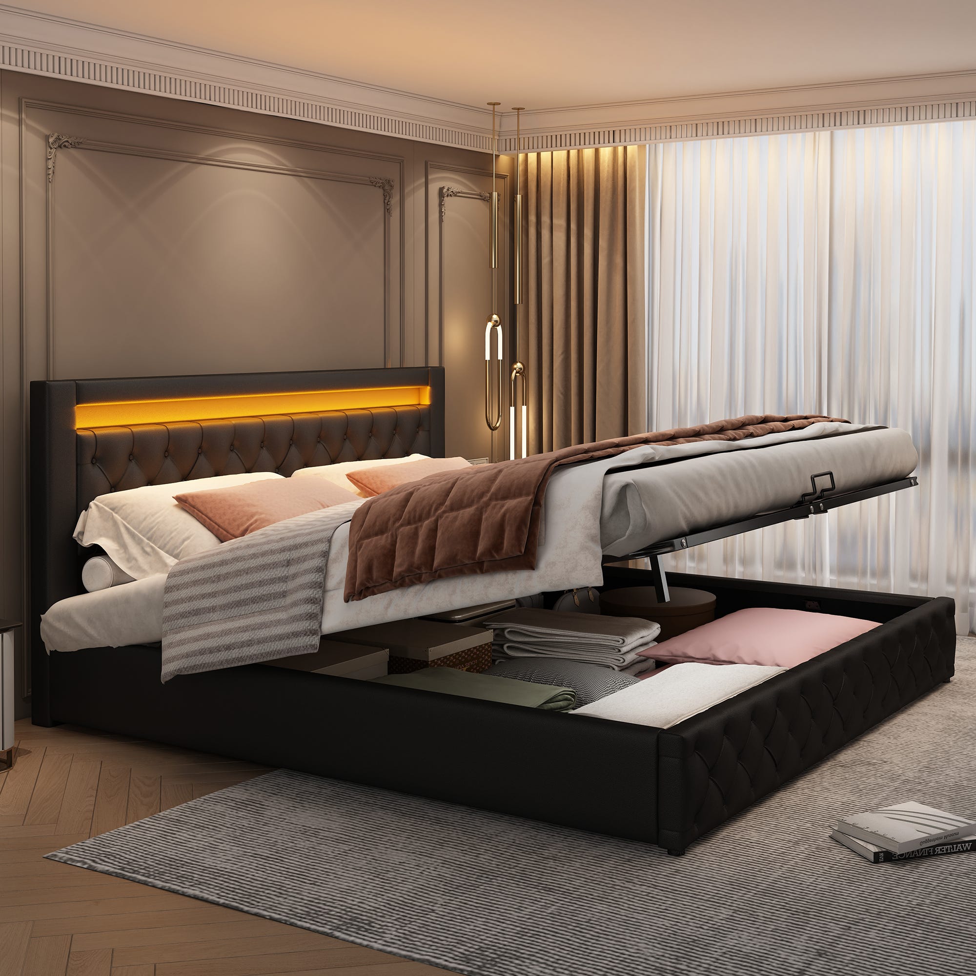 KEFSR Lit Coffre 160x200 avec LED et USB,Lit 160x200 avec Sommier,Lit Hydraulique avec Espace de Rangement,Tete de Lit Rembourré(Flanelle+Beige) | Leroy Merlin KEFSR Lit Coffre 160x200 avec LED et USB,Lit 160x200 avec Sommier,Lit Hydraulique avec Espace de Rangement,Tete de Lit Rembourré(Flanelle+Beige) | Leroy Merlin