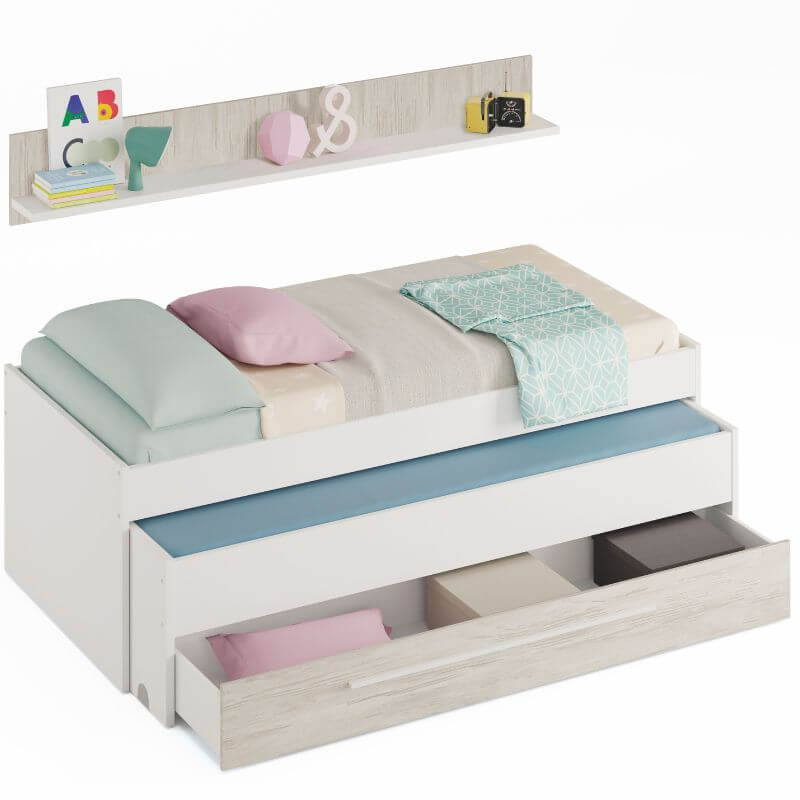 Mobelcenter - Cama Nido Juvenil Elliot 2 Camas 1 Cajón 1 Estante - Color Blanco Artik y Blanco Velho - Ancho: 199cm x Fondo: 96cm x Alto: 65cm (1383) - 2
