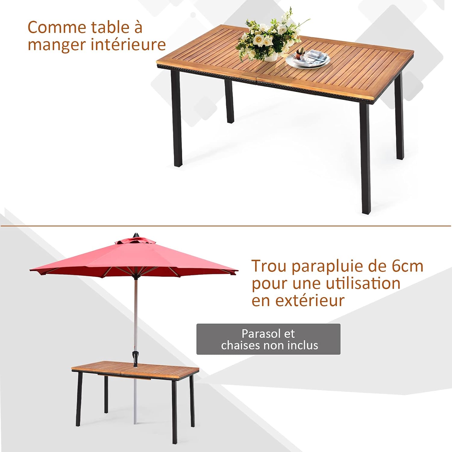 Table à Manger Extérieur en Bois d'Acacia Certifié FSC pour 6 Personnes, Table 140x75 cm avec Trou pour Parasol 5 cm,Pied en Métal - 5