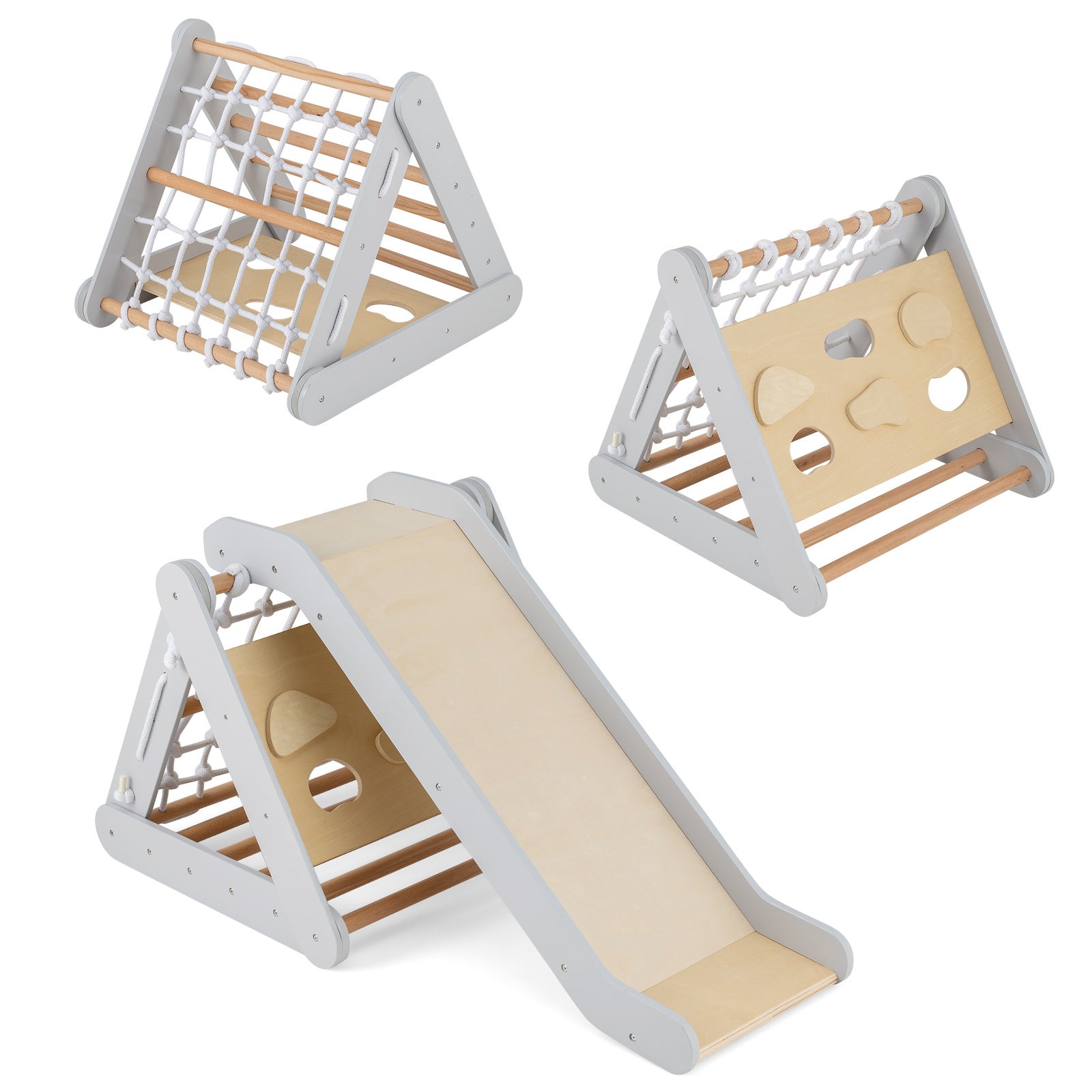 4 w 1 Trójkąt do wspinaczki dla dzieci ze zjeżdżalnią, regulowane nachylenie, obciążenie 50 kg dla dzieci powyżej 1 roku życia, szary
