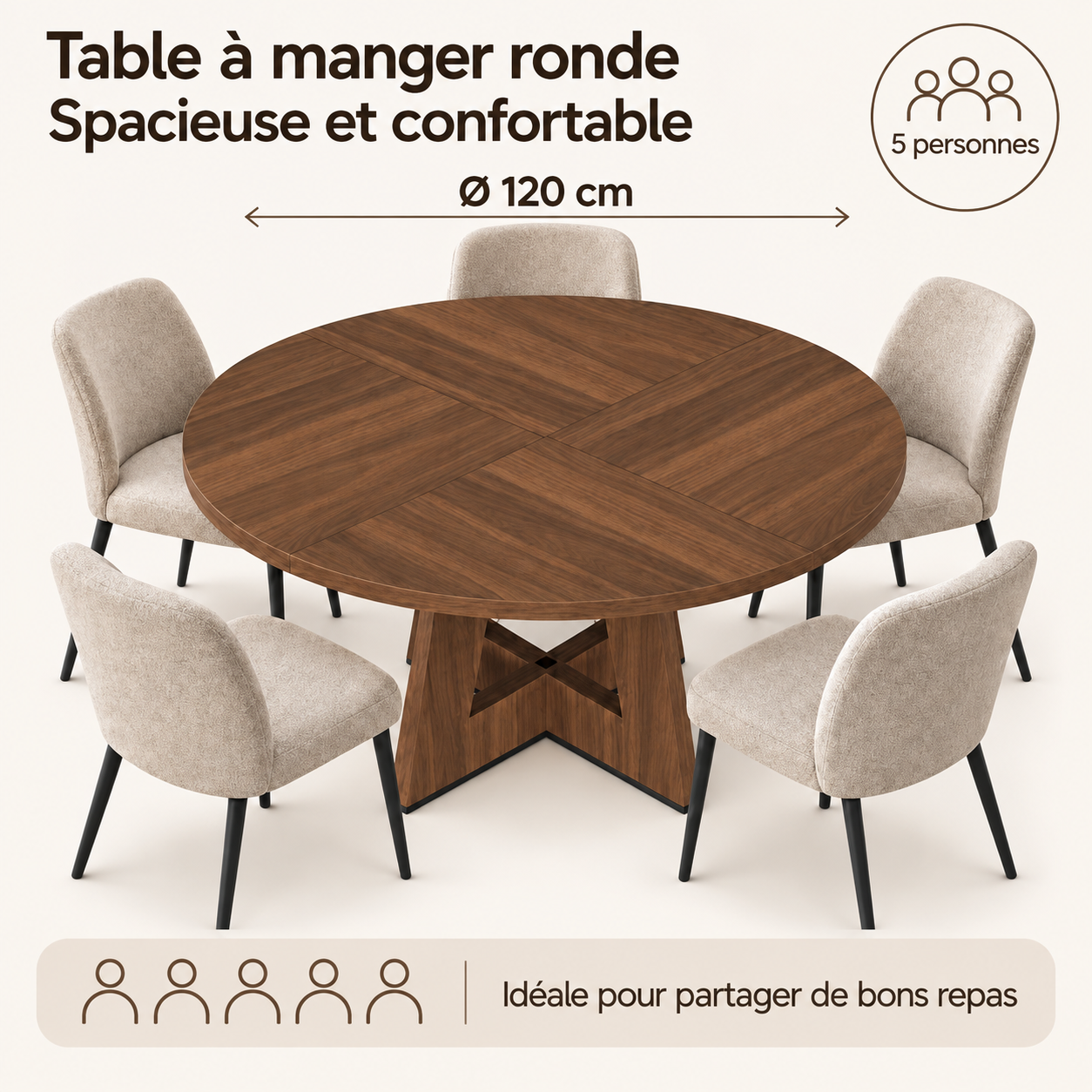 Table à manger ronde 120 cm pour 4 à 6 personnes, style scandinave ...