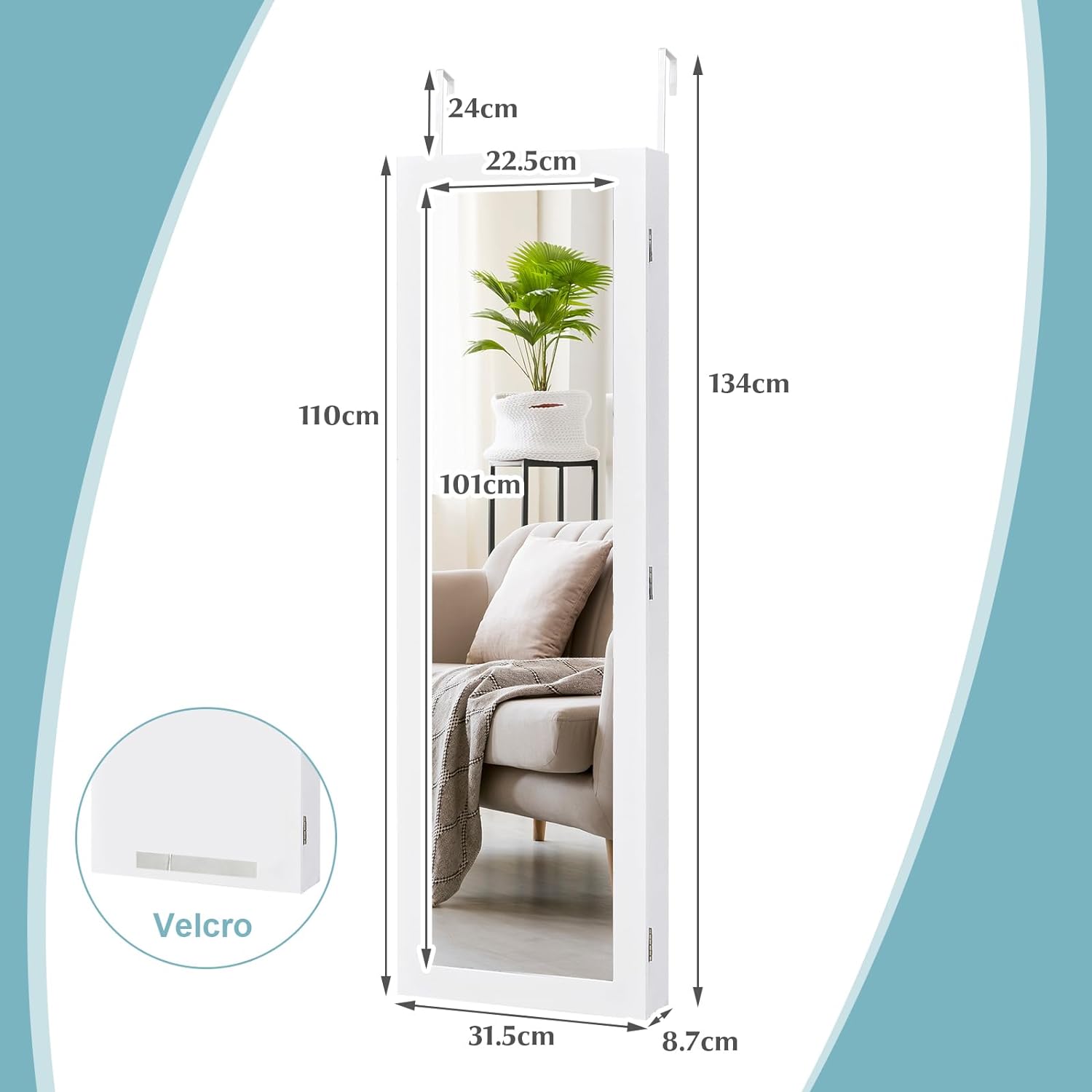 Armoire à Bijoux avec Miroir, Meuble à Bijoux Mural/Suspendu, avec Grand Espace de Rangement et Miroir Pleine Longueur, Blanc - 5