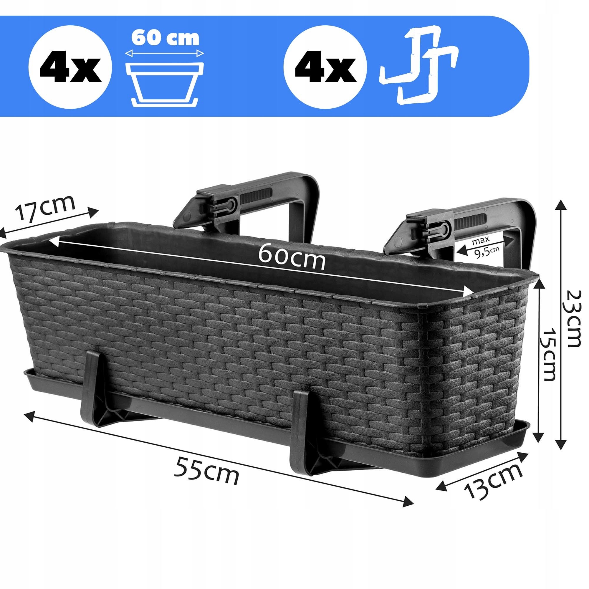 4x SKRZYNKA BALKONOWA DONICZKA DONICA 60cm Z UCHWYTAMI PODSTAWKA ANTRACYT - 3