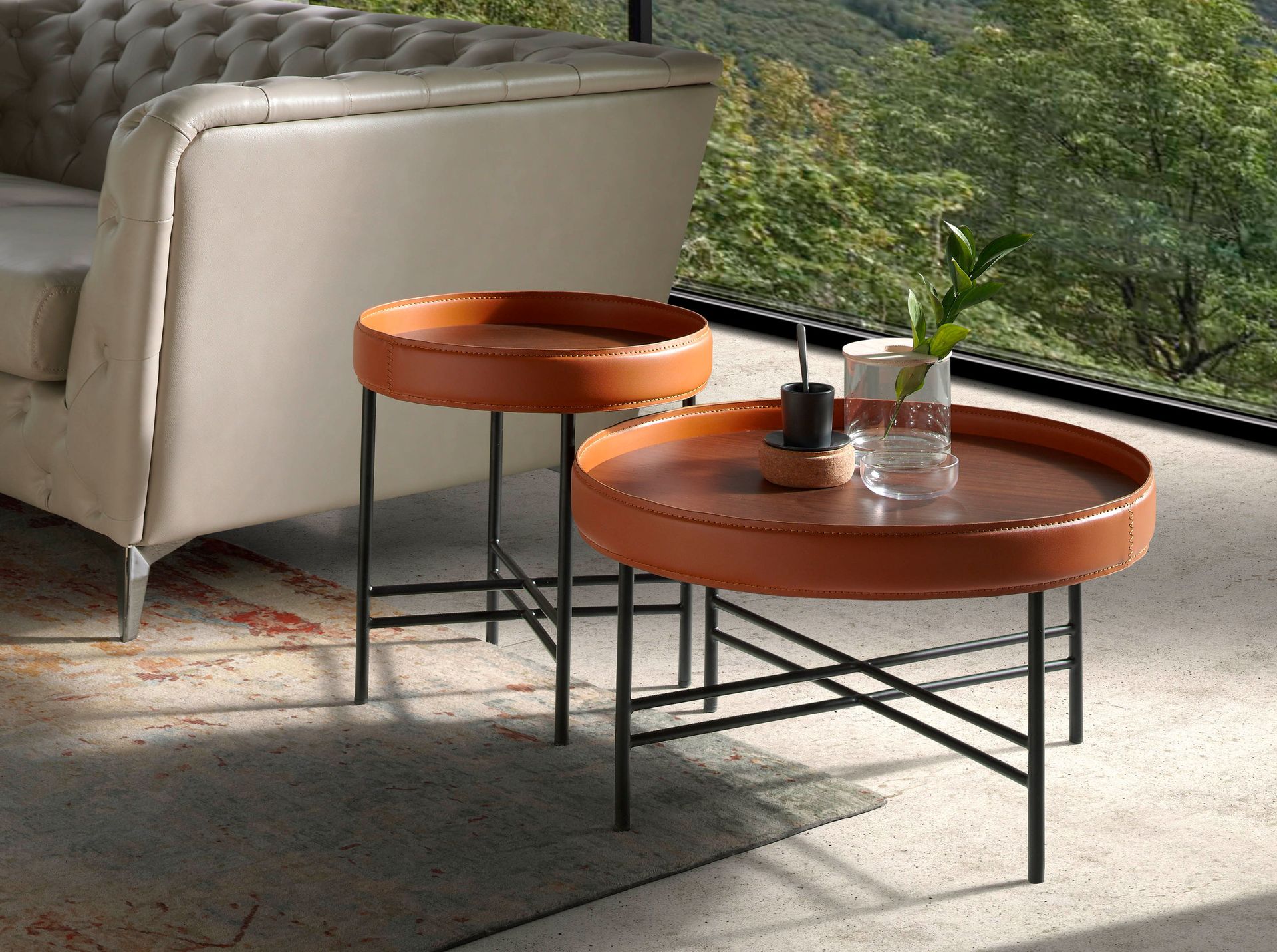 ANGEL CERDA Table d'angle ronde en simili cuir, noyer et acier noir - 6