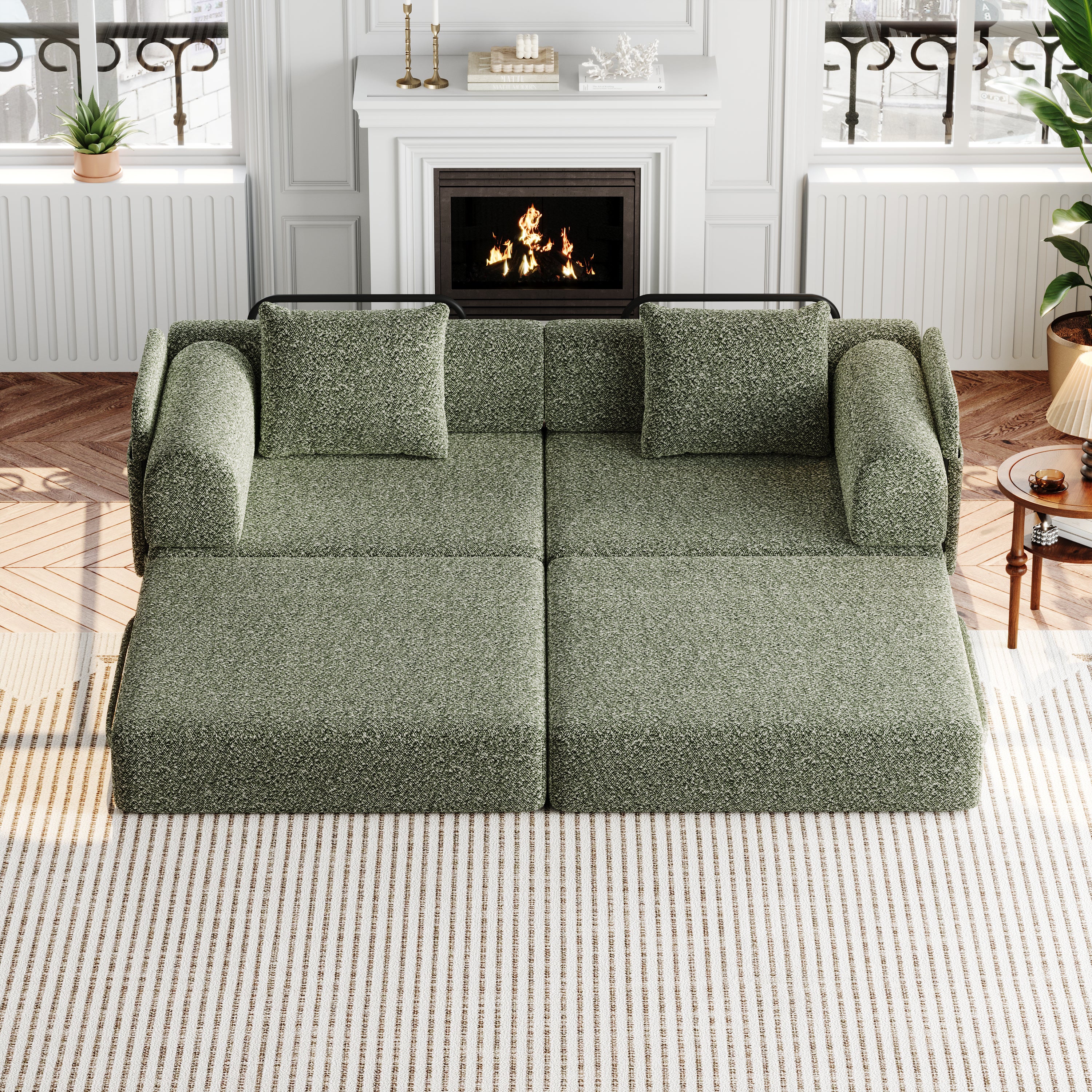 Canapé convertible 2 en 1 avec rangement accoudoir,canapé nuage structure métal multi-configurations,assise confortable pour salon,tissu chenille,vert - 5