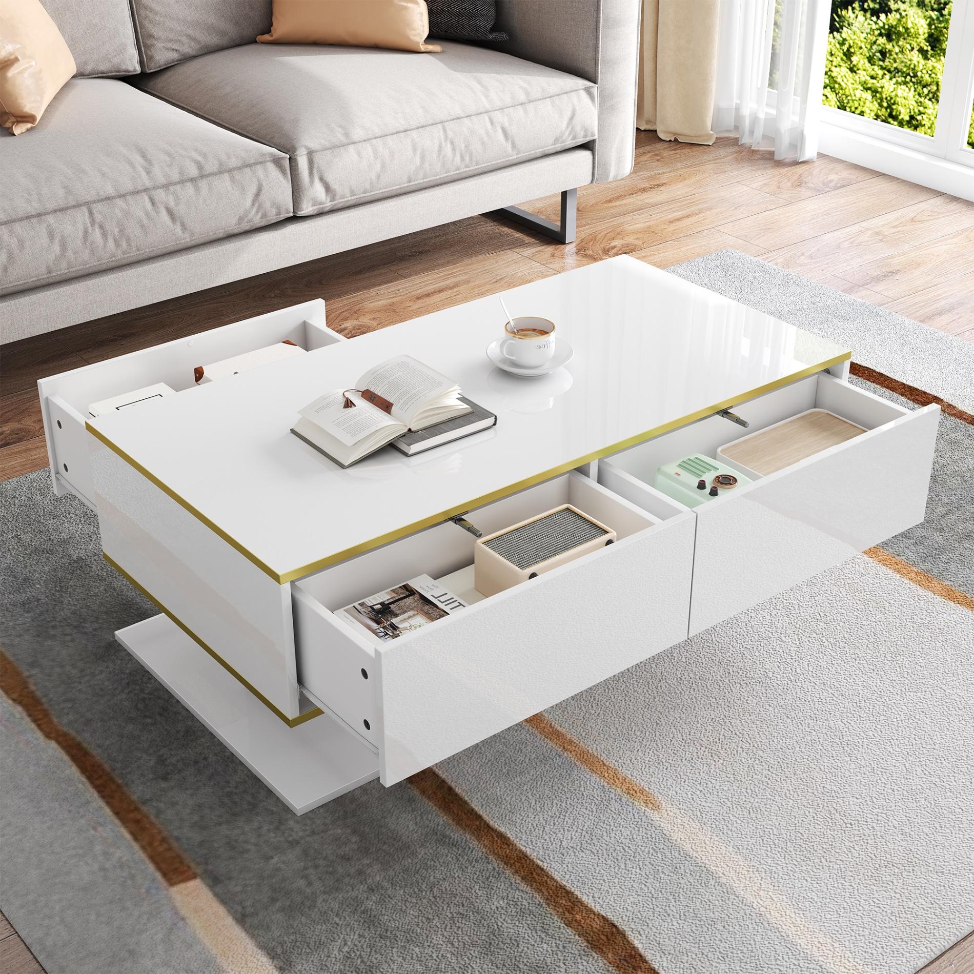Table Basse LED Moderne avec Surface Haute Brillance, Détails Dorés, Trois Tiroirs et Éclairage LED Changeant de Couleur (110x55x40cm) - 3