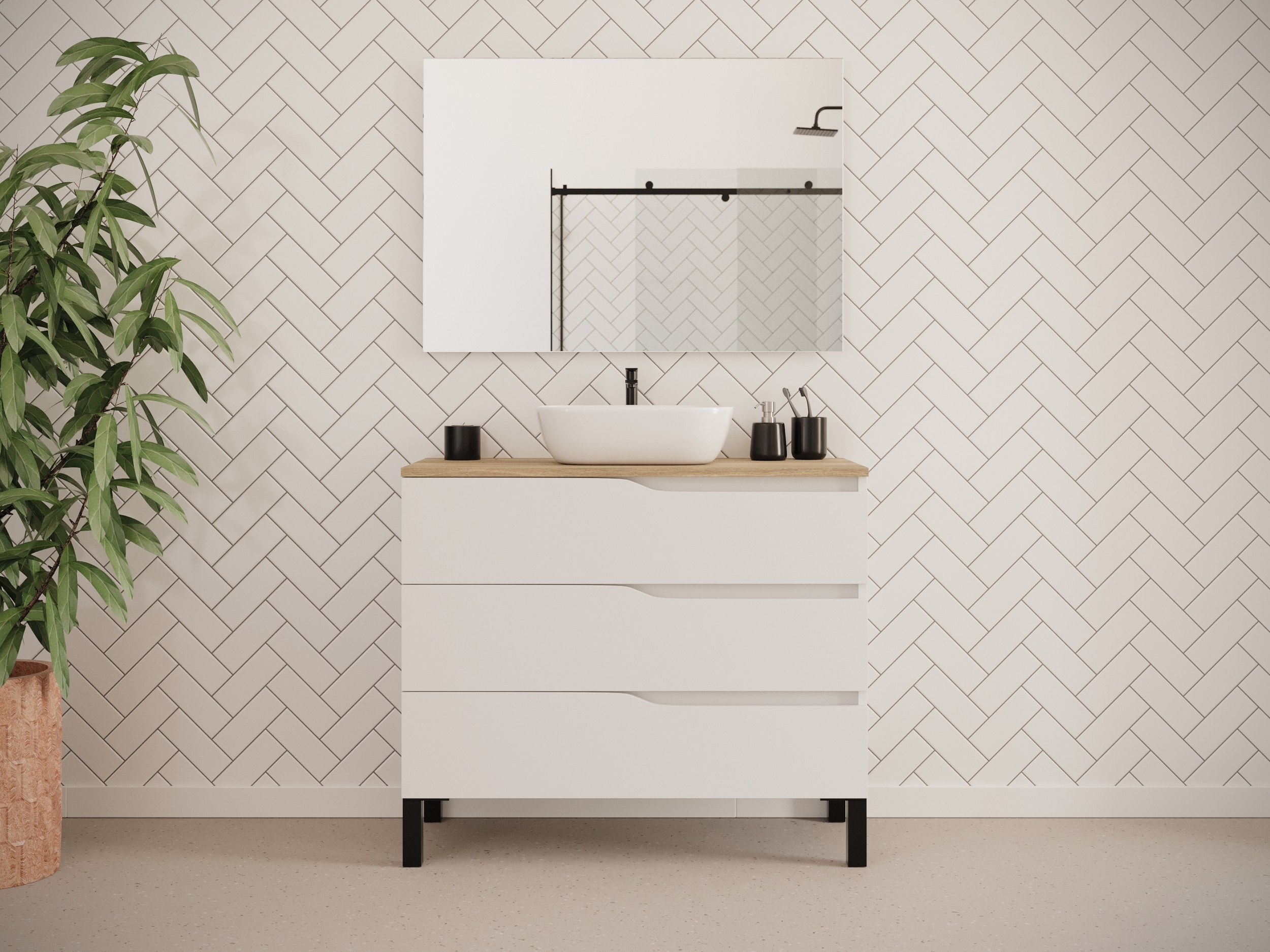 Meuble de salle de bain 90cm avec plateau miel et vasque à poser zeus - 3 tiroirs - sans miroir - blanc - MATA - 3