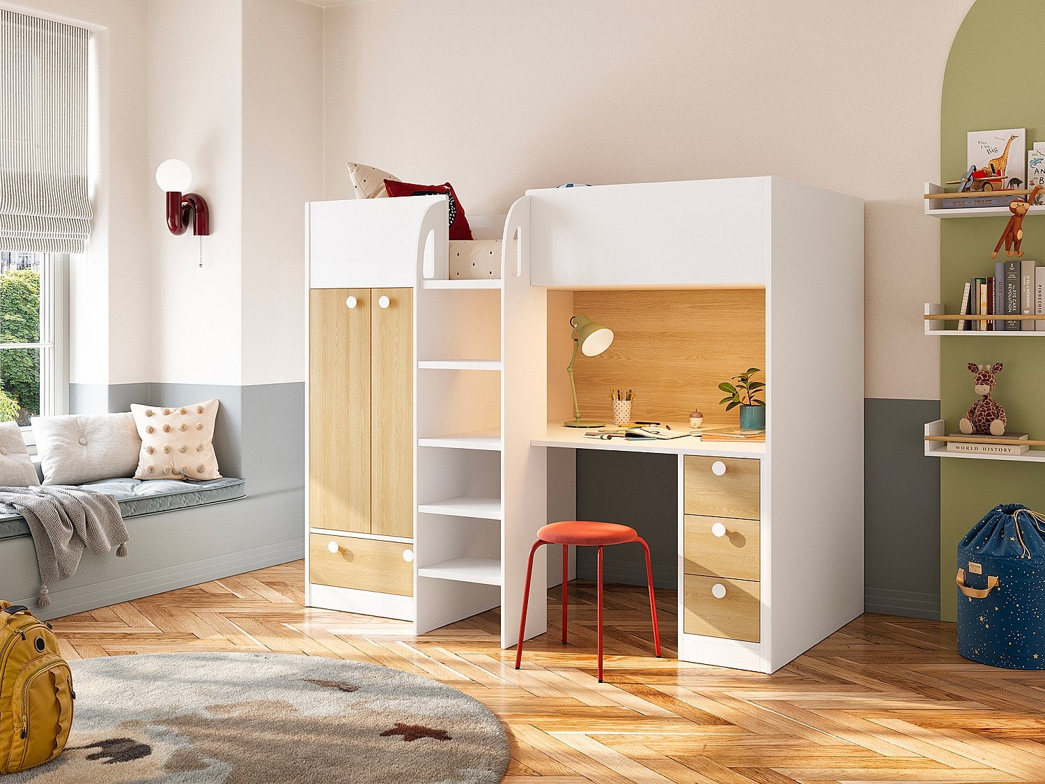 Łóżko antresola 90 x 190 cm z szafą i biurkiem - Biały i naturalny + Materac - CINAMO