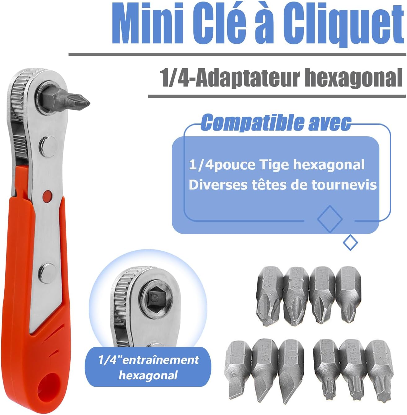 Mini clé à cliquet, mini tournevis à cliquet réversible décalé, tournevis à cliquet dynamométrique 1/4 pouce avec 10 mini embouts de tournevis - 4