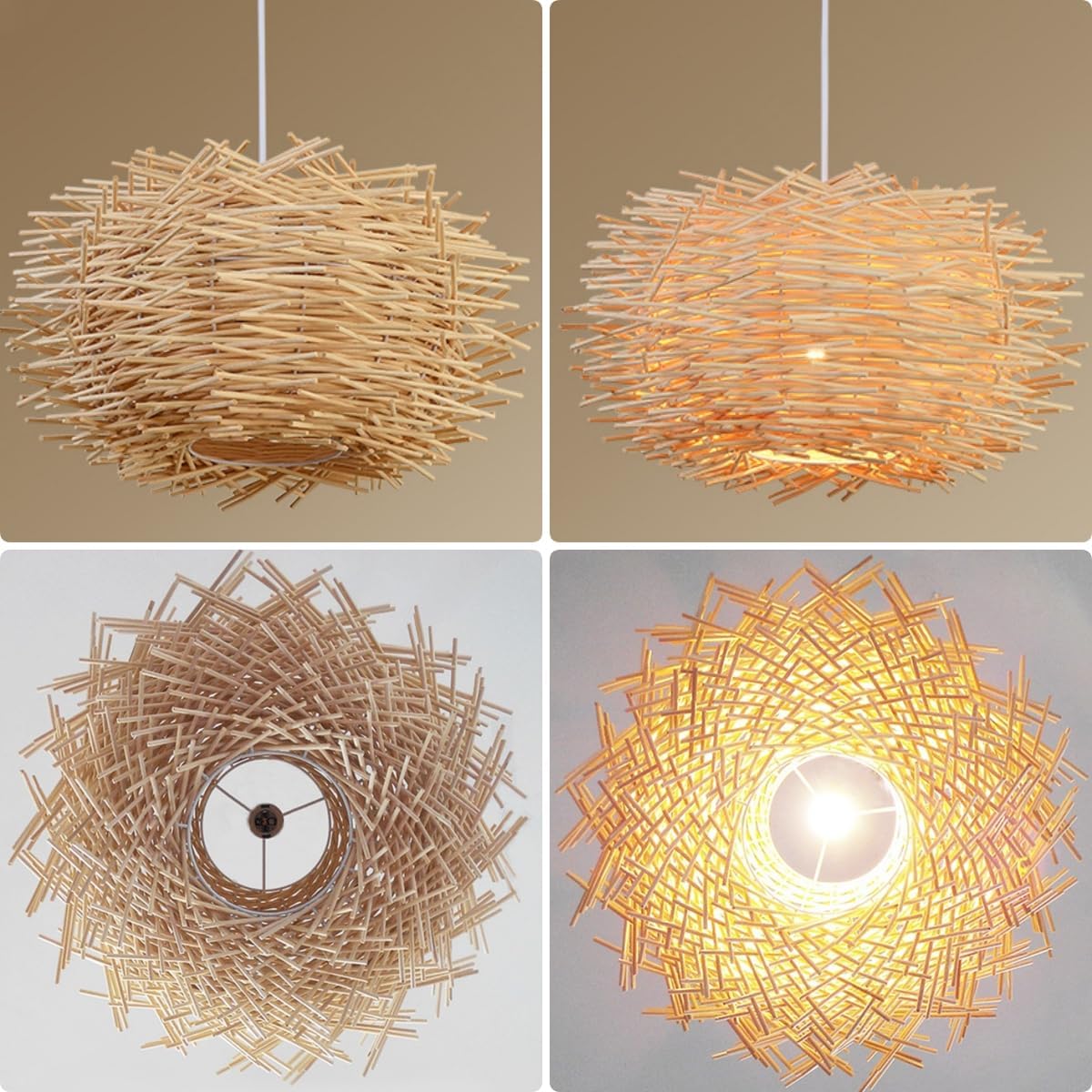 GOECO Lustre Suspension en Rotin, Vintage E27 Suspension Lumineuse en Rotin, Creative en Nid D'oiseau Suspension en Bambou Naturel pour Salon Chambre - 4