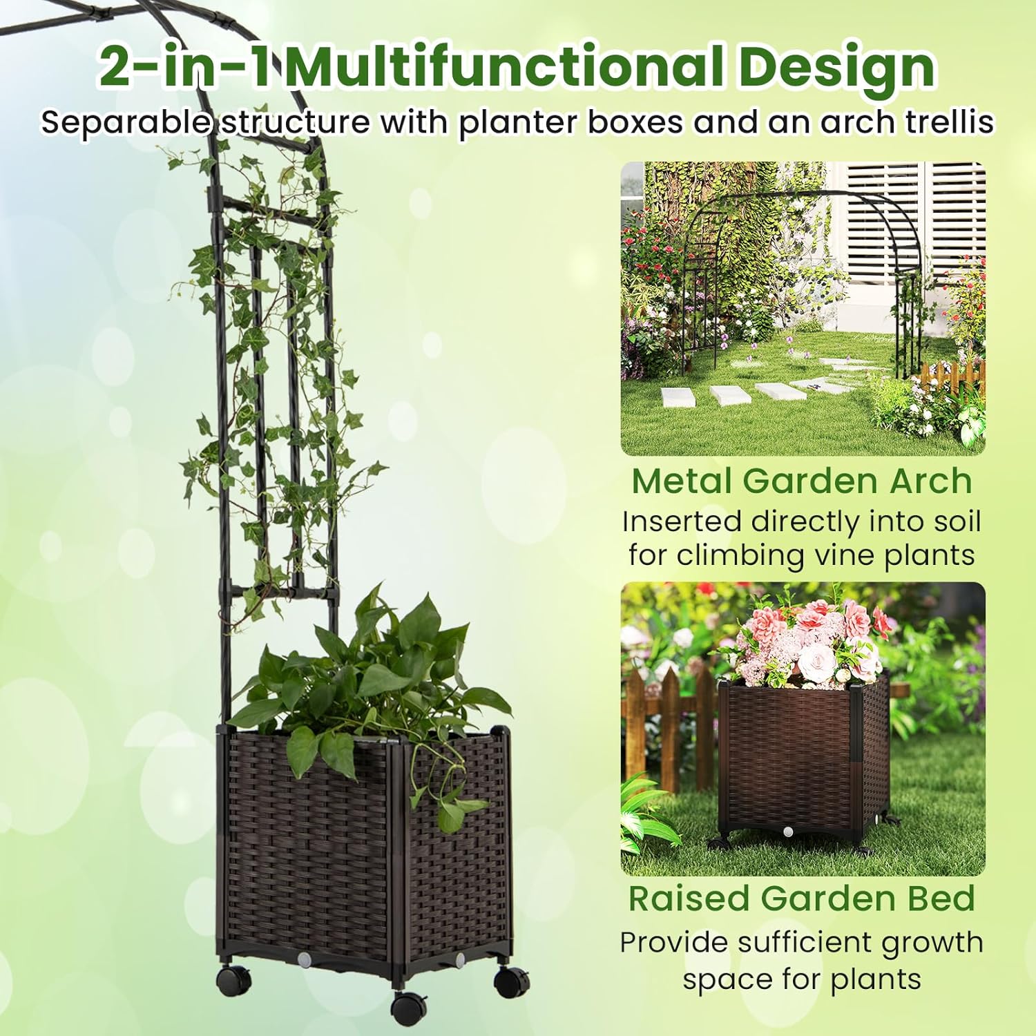 Arche de Jardin avec 2 Jardinières Surélevées, Roues Verrouillables, pour Plantes Grimpantes Fleurs Herbes Légumes Fruits (288x40x202CM) - 4