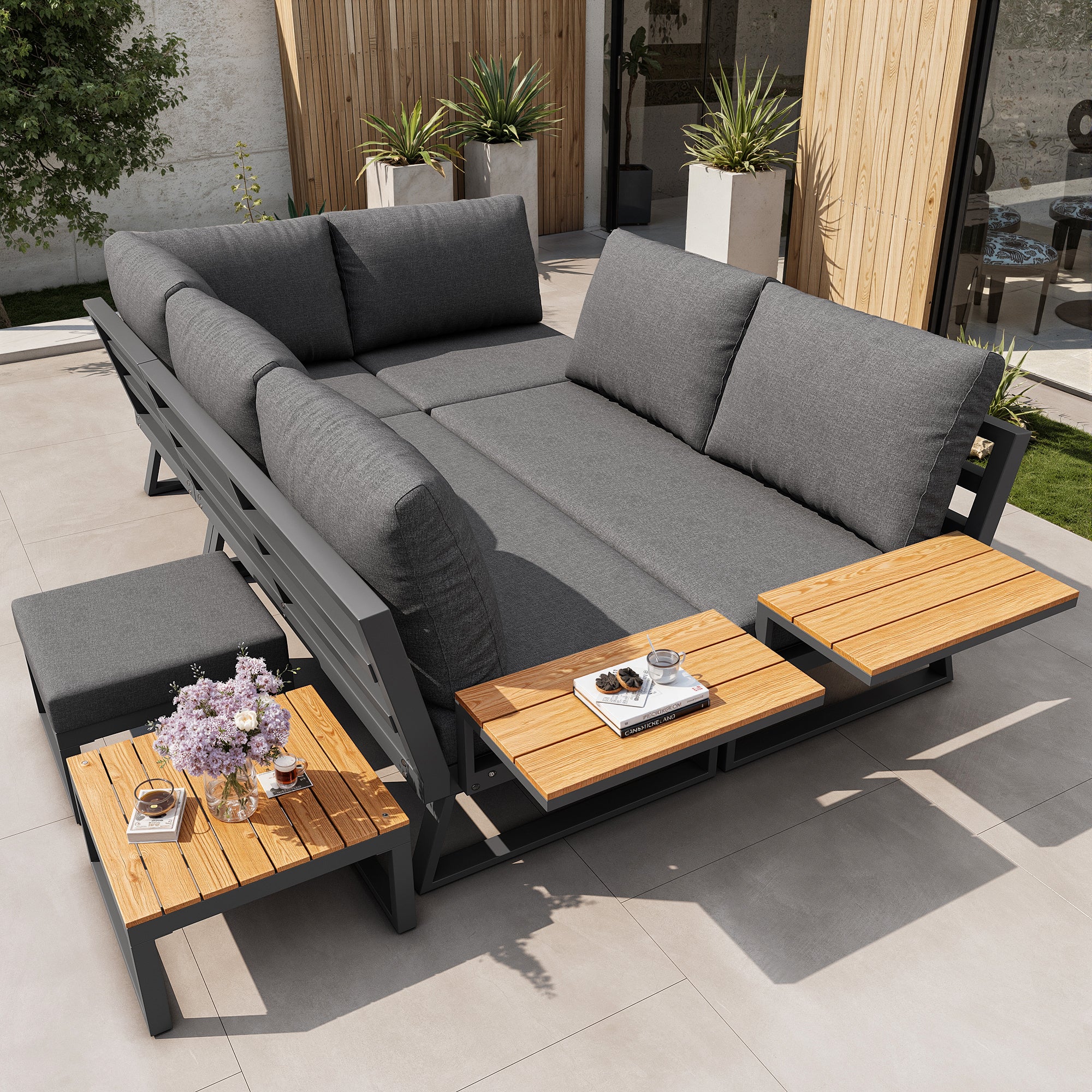 Salon de jardin en fer forgé pour 7 personnes, canapé de jardin en forme L, mobilier pour balcon et terrasse, ensemble de 5 pièces, avec coussins gris - 5