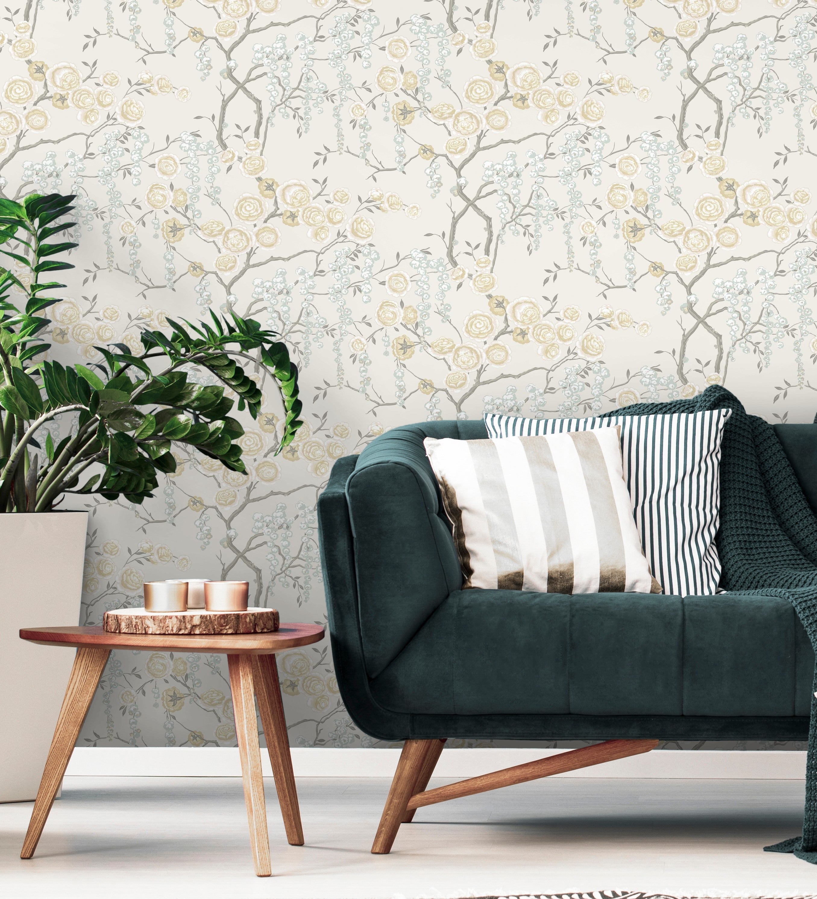 Papel pintado vinílico ecológico rosas amarillas y gris azulado fondo claro - olivia bloom 679681 de gaulan - rollo de 10 m x 0,53 m