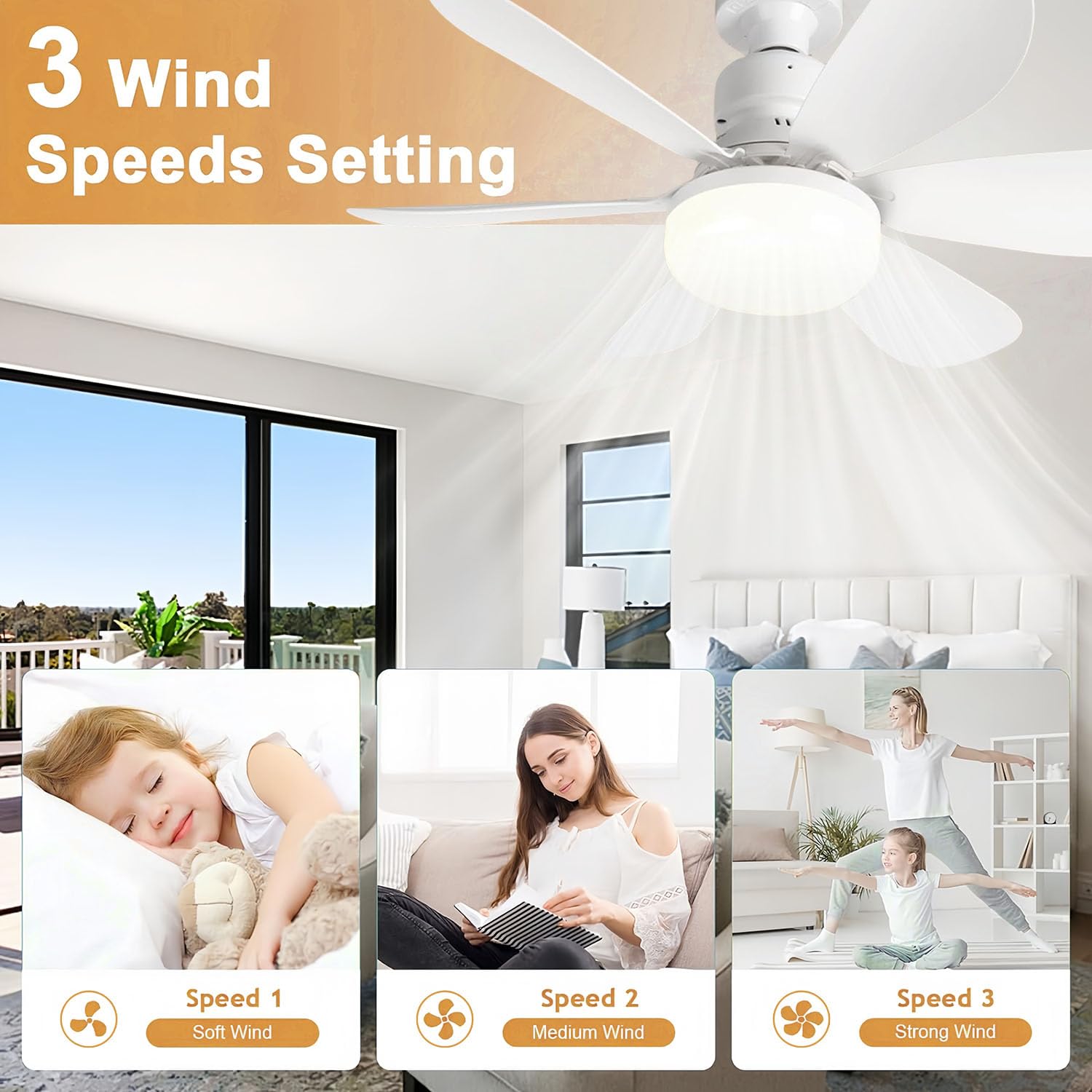 Ventilateur de plafond 52 cm avec rallonge et culot E27, petit ventilateur de plafond LED, trois températures de couleur,6 pales, 3 vitesses,minuterie - 4
