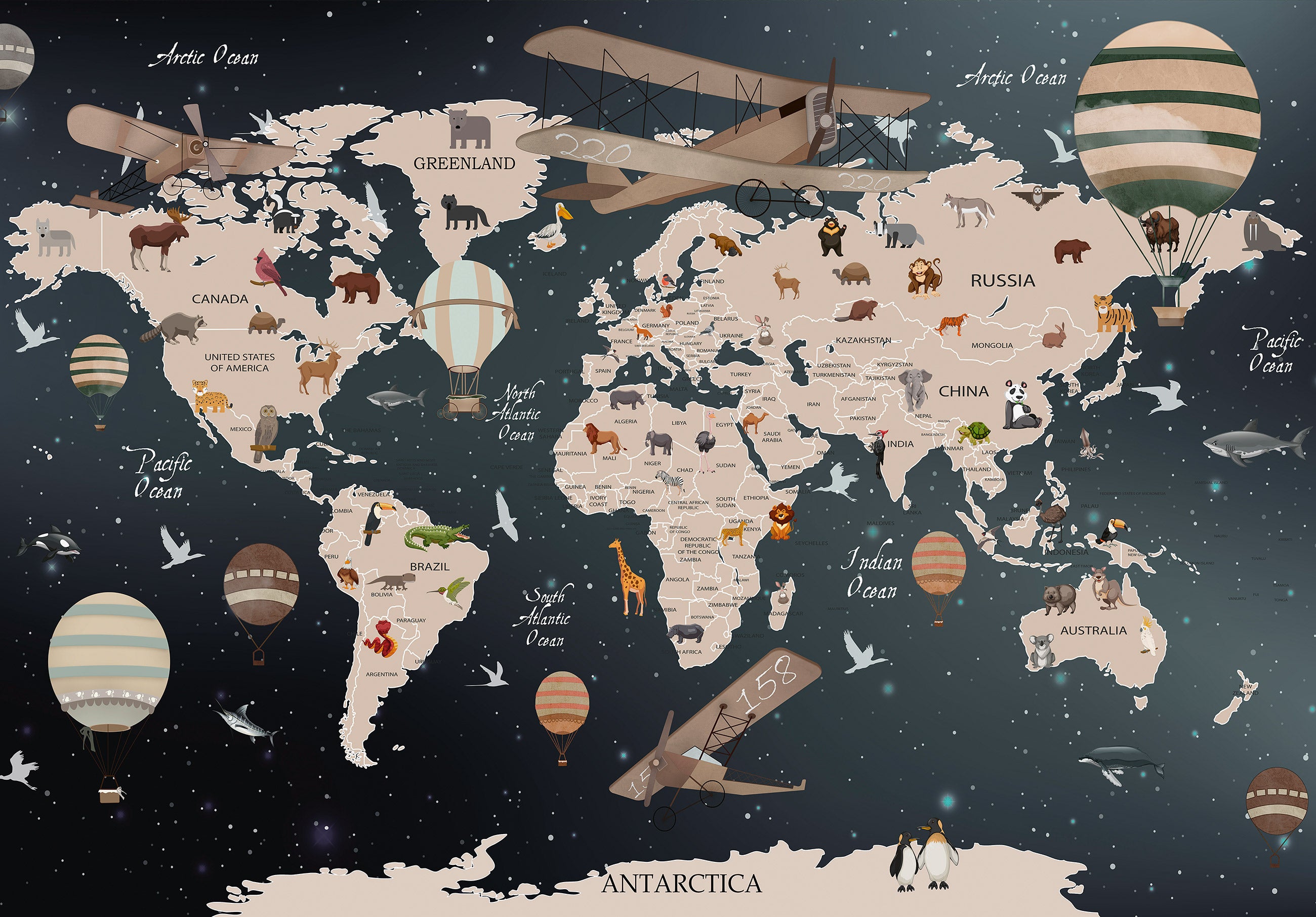 Carta Da Parati Mappa Del Mondo 350x256 Cm - Fotomurale In TNT, Stampa HD, Facile Applicazione