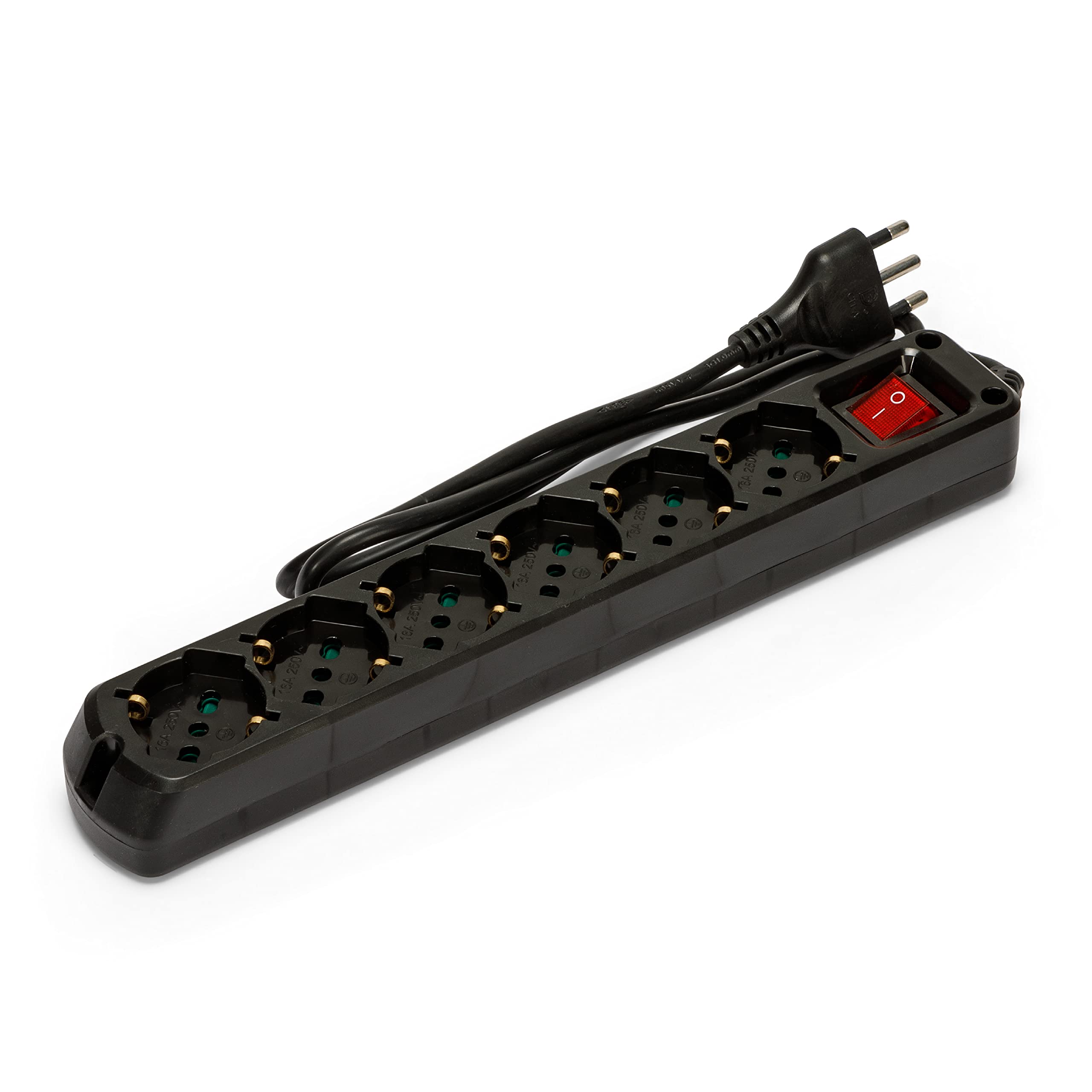 Multiprise italienne 6 schuko + 10/16A. Avec interrupteur, câble 1m et fiche 16A - 6