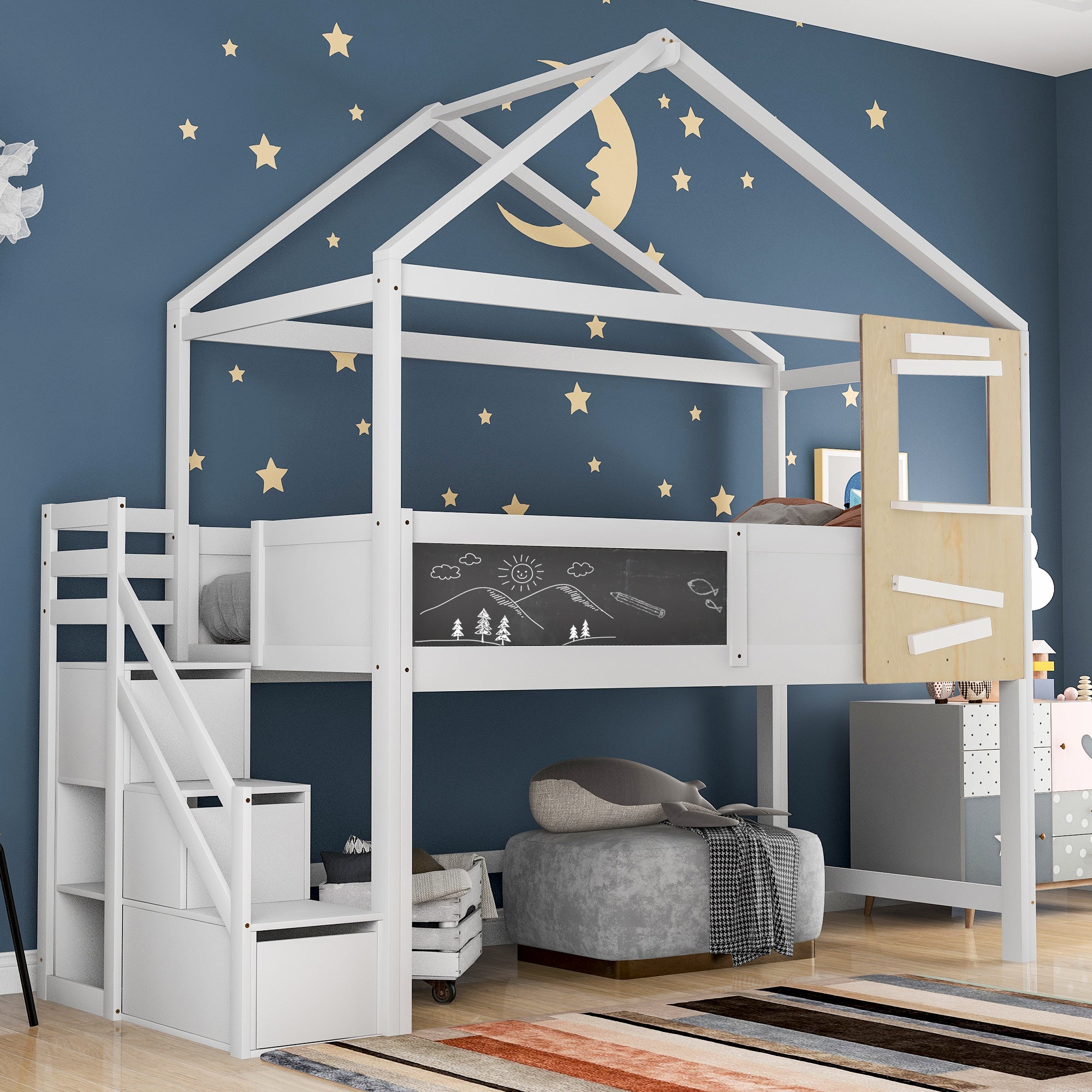 Lit superposé cabane avec 3 tiroirs - 90 x 200 cm - bois MDF - sommier ...