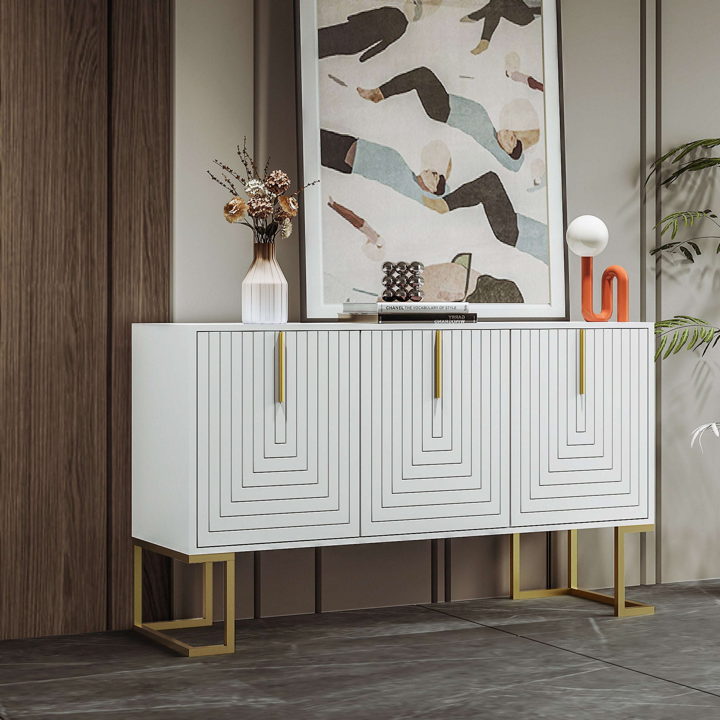 Komoda niska z 3 drzwiami i regulowanymi półkami - 138x40x80,5 cm - drewno MDF i metal w kolorze złotym - biała