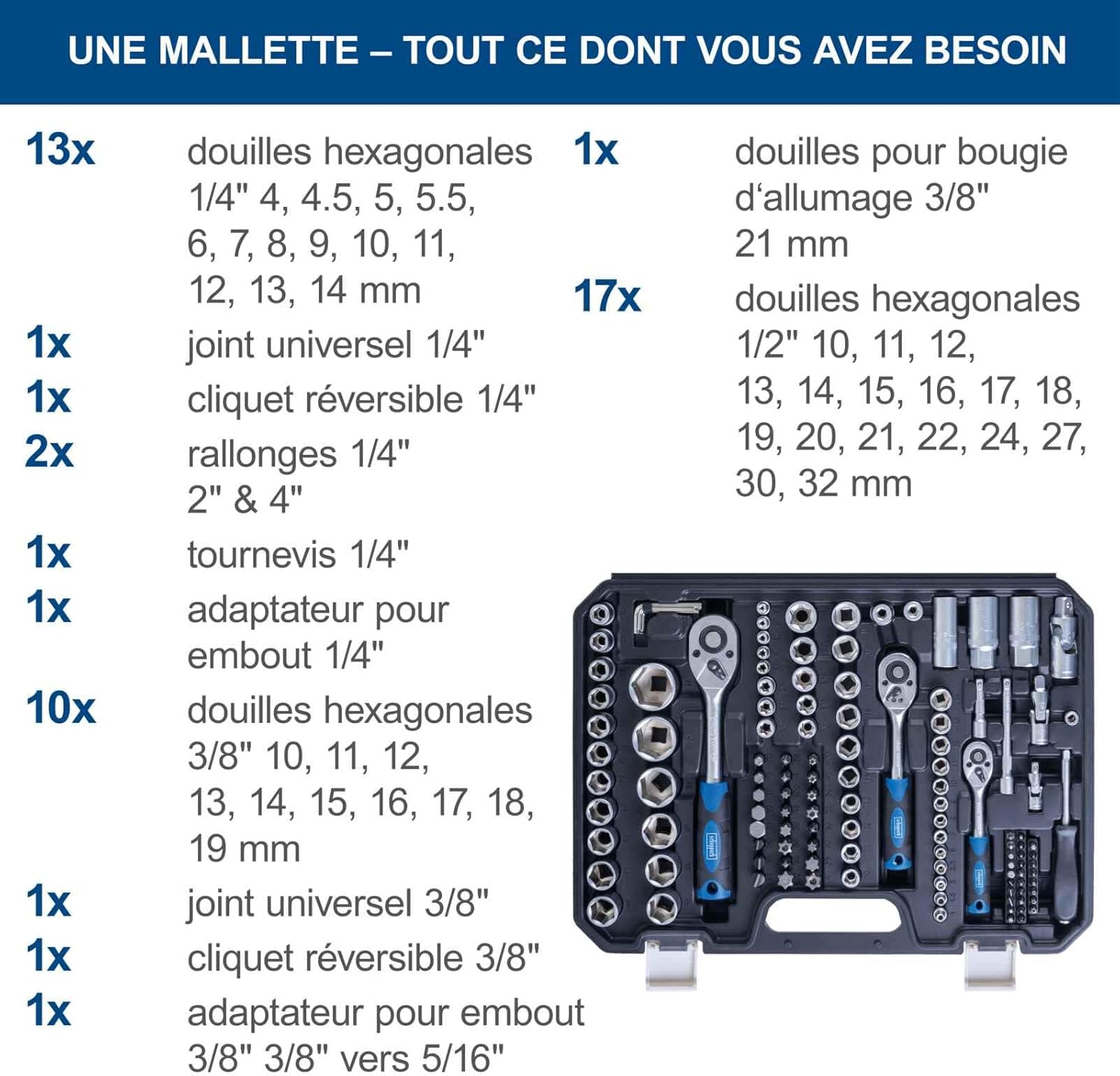 Scheppach Mallette à outils TB180 - 180 pièces - Avec différents jeux de douilles, embouts - Outillage mécanique & Jeu d'outil pour la maison - 3