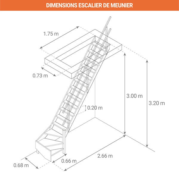 Escalier bois 15 marches - Hauteur à franchir 3.20m - Avec rampe - Largeur 0,68m - COTTAGEJ-LD-320 - 2