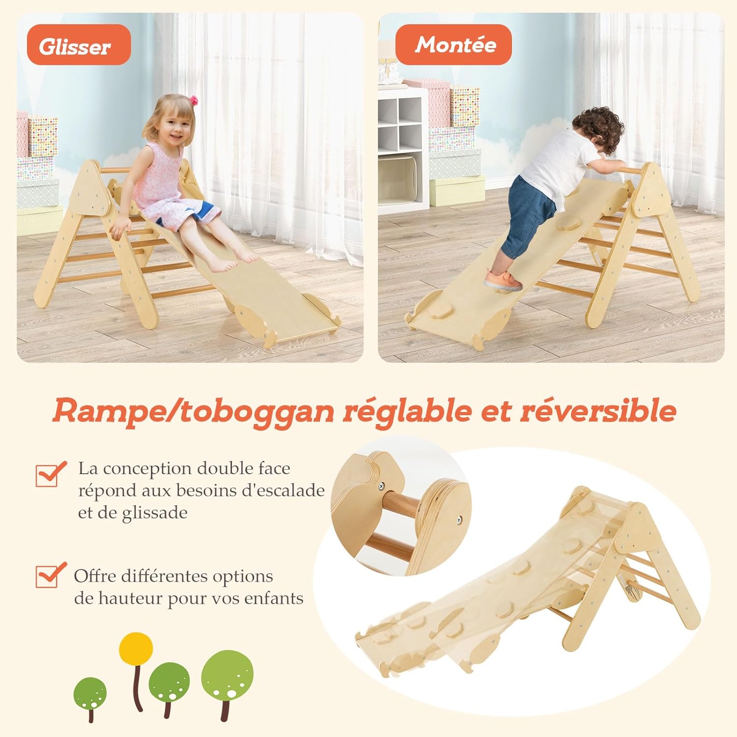 Arco Montessori a triangolo 7 in 1, arco per bambini con scivolo in legno, rampa, scala regolabile, portata 50 KG bambini da 1 anno in su, naturale - 4