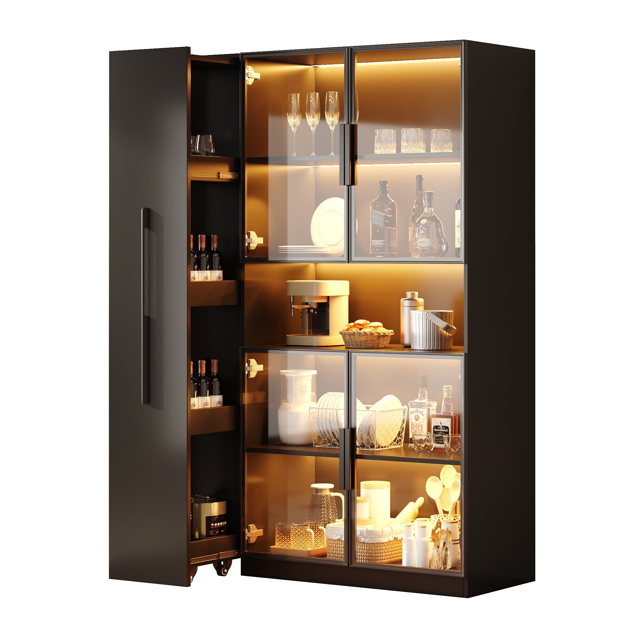 Witryna z 4 drzwiami szklanymi i 1 wysuwaną szufladą - 110 x 30 x 160 cm - MDF - diody LED - czarna - 5
