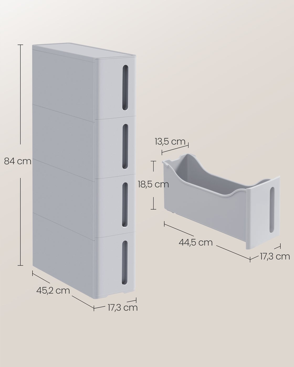 Carrito auxiliar estrecho con 4 cajones, estantería móvil de plástico para baño, 17x45x84 cm, gris - 2