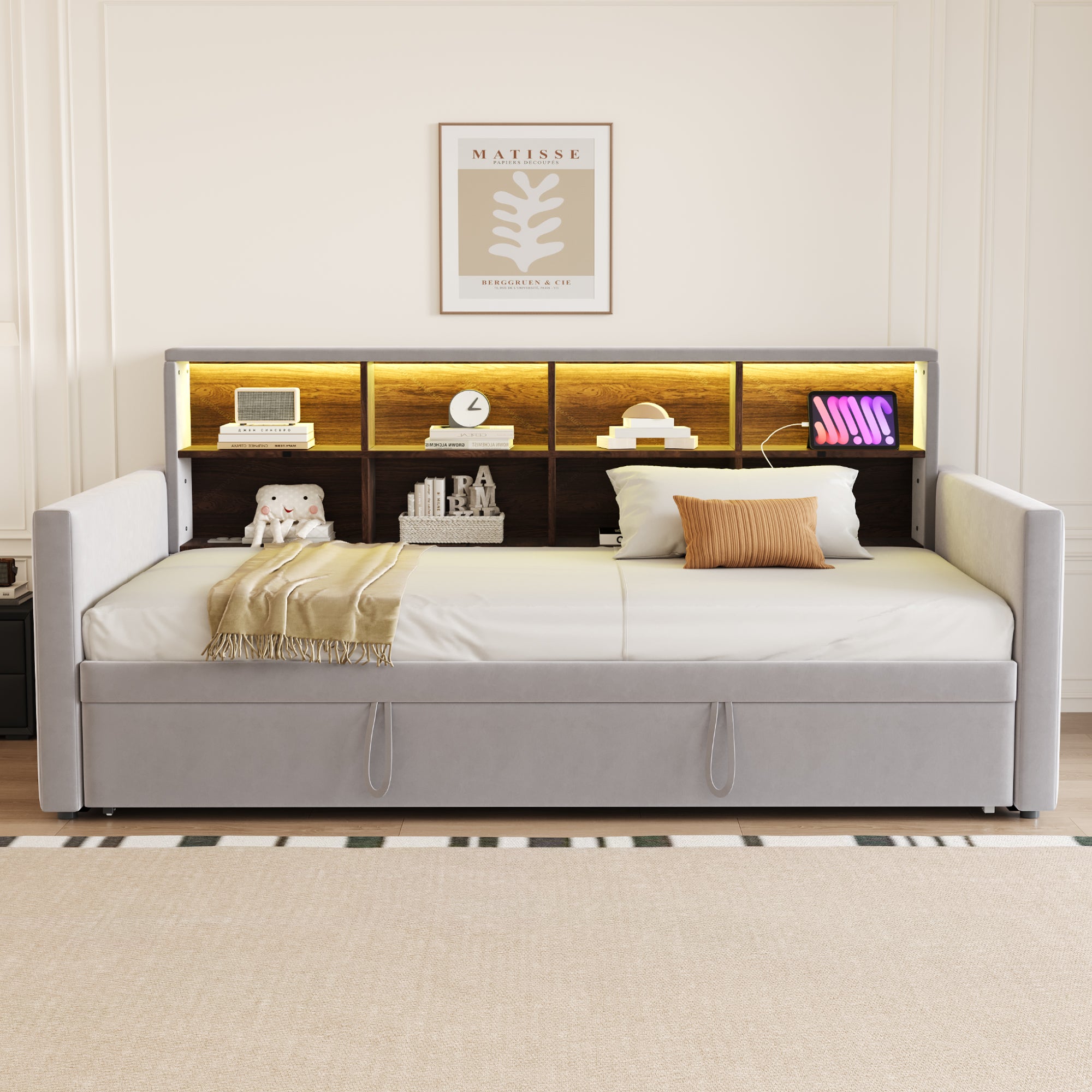 Rozkładana sofa z poduszkami 90x190cm - z oświetleniem LED - z gniazdem ładowania - z wysuwane łóżko - tkanina welurowa - Jasnoszary - 2