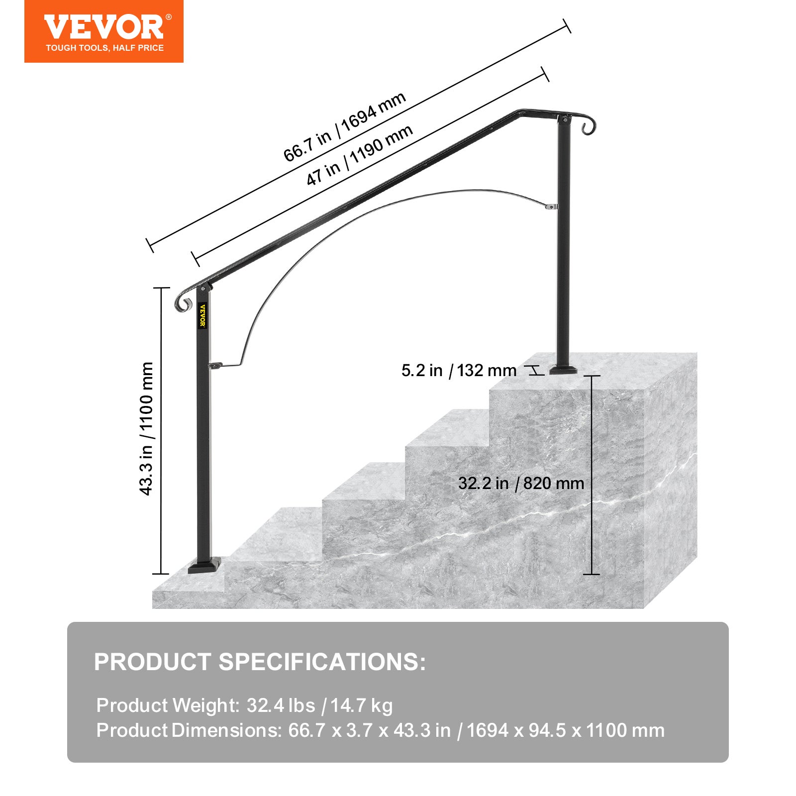 Rampe D’escalier Arche en Fer Forgé VEVOR 4-5 Marches Hauteur Flexible Garde-corps pour Escalier Main Courante pour Jardin Extérieur et Intérieur - 7