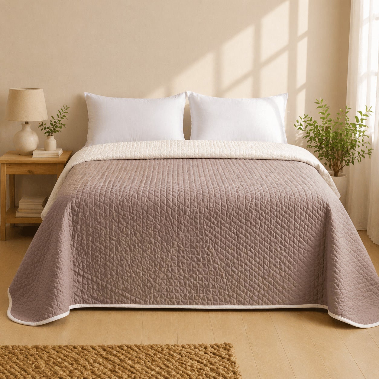 Colcha Bicolor Reversible Beige/Cuero Cama 150cm Donegal Collections - 6