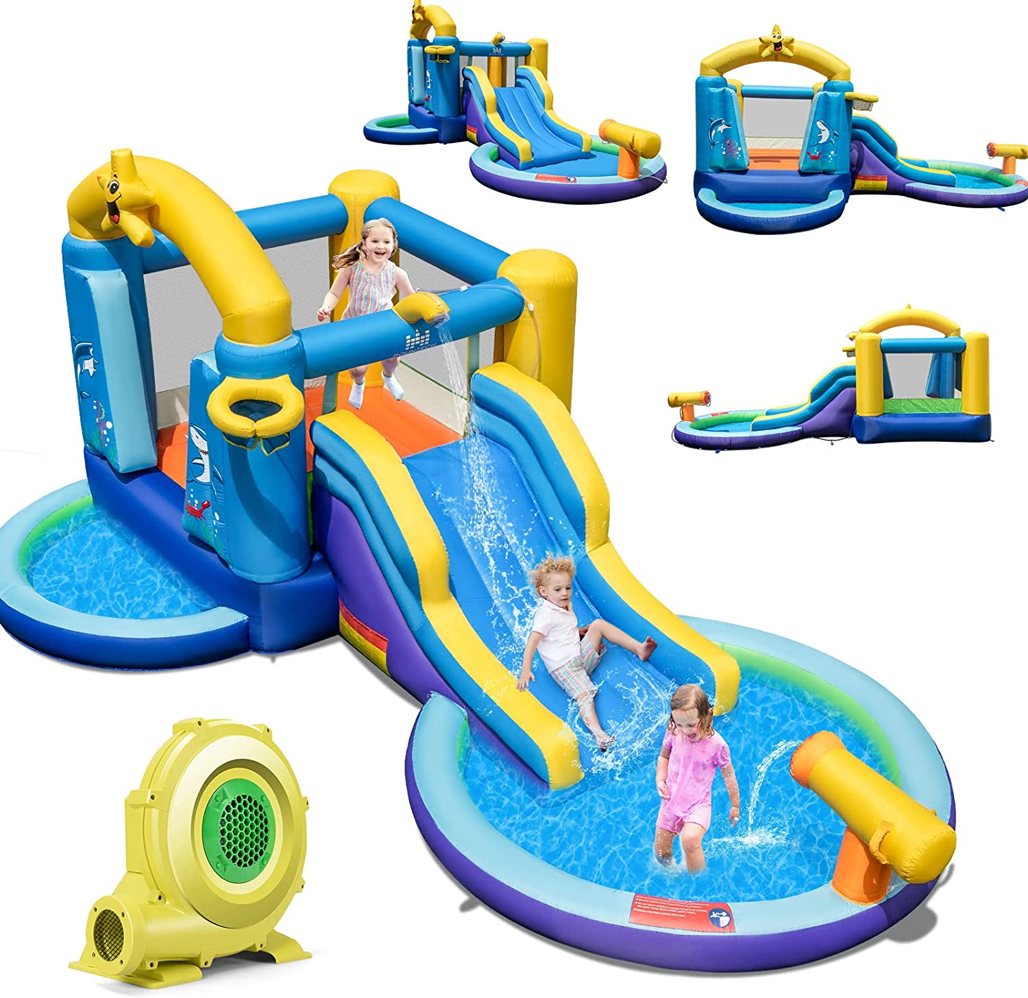 Dmuchany zamek z dmuchawą i zjeżdżalnią, park wodny z 2 basenami, armata, kosz do koszykówki, dla dzieci na podwórko, park, 490 x 290 x 220 cm