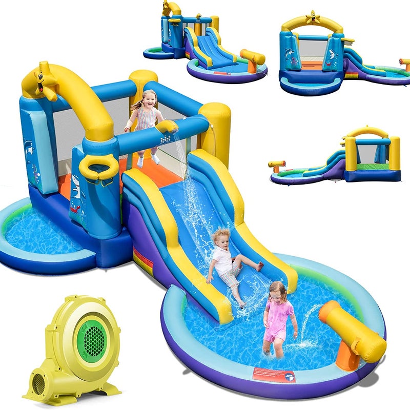 Dmuchany zamek z dmuchawą i zjeżdżalnią, park wodny z 2 basenami, armata, kosz do koszykówki, dla dzieci na podwórko, park, 490 x 290 x 220 cm
