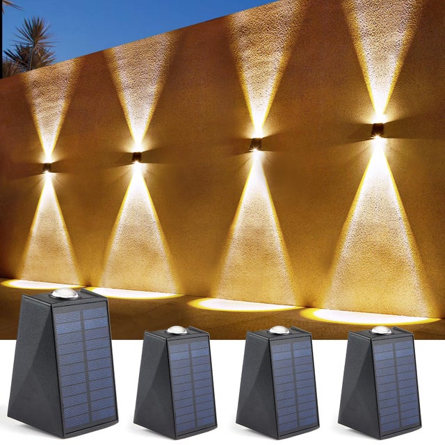 Appliques murales solaires d'extérieur, 1200 mAh, étanches IP65, pour maison, porche, clôture, patio, pergola, garage, jardin (blanc chaud, lot de 4)